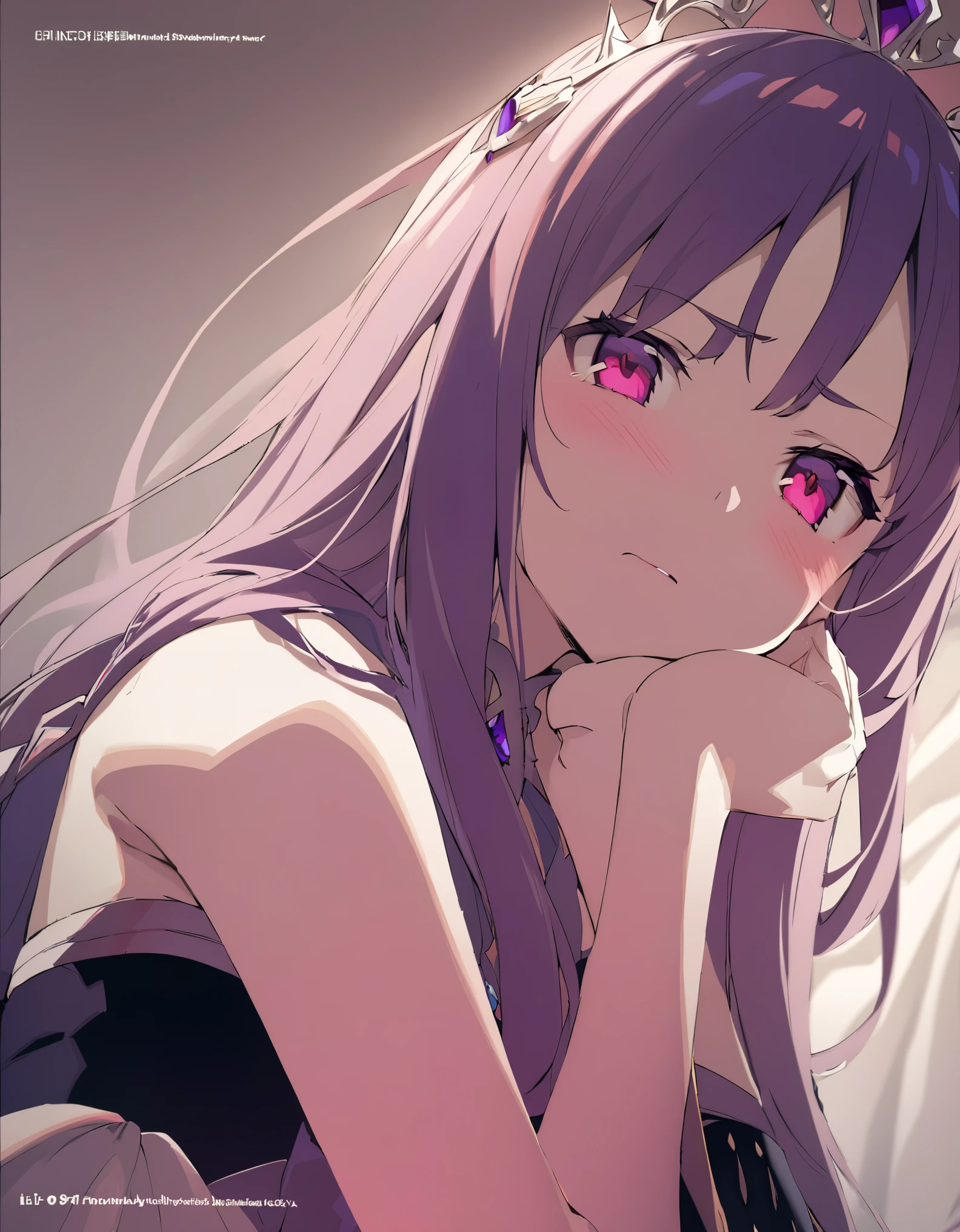 One girl, Beautiful and fine details, Long purple hair, Pale red eyes, Princess Dress, Disappointed White skin Masterpiece High contrast Perfect hands