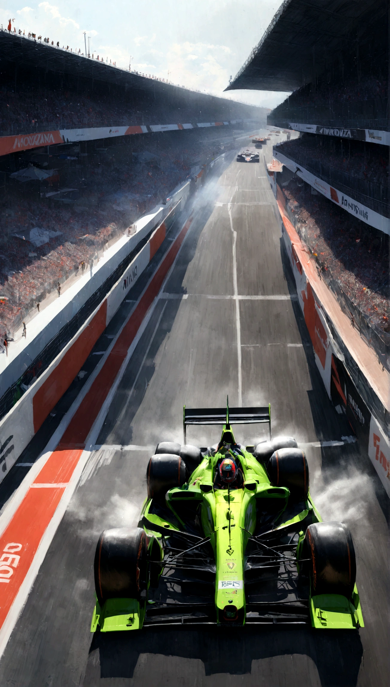 (Fast-paced F1 race,High-speed racing,Exciting race,Crowded F1 track),Bright colors,Clear focus,Extremely detailed cars,Exciting times,Ultra-detailed track(Lightning-speed turns and straights,Complex track layout),Spectacular crashes and near misses,Wheel-to-wheel battle,Adrenaline-fuelled competition,fast and Furious,Professional driver,Bent tire(masterpiece:1.2),Carbon fiber chassis,driver wearing helmet,F1 Champion Portrait,Motion Blur,Unpredictable weather conditions,Traveling in the rain and fog,Engine noise and the roar of the crowd,The stands were packed with cheering fans,Celebration on the podium,Spray champagne,Super detailed pit stop,High-tech telemetry data,Realistic rendering(Studio Lighting,Physically Based Rendering),Game overview(Trackside view,Overhead shot,Driver perspective),Racing at iconic locations (Monaco,Monza,Silverstone Circuit),The car speeds past the camera,High-resolution photos of the event,Fast-paced editing and dynamic composition,Fantastic concept art of a futuristic F1 car,Close-up of the driver's eyes,Adrenaline rushing through your veins,Long straights and sharp bends,High-octane fuel flows through the veins of your car,Easy speed,Mechanical precision,Thrilling overtaking,Exquisite aerodynamic design,Mechanic working in repair station,The victorious champion crosses the finish line.