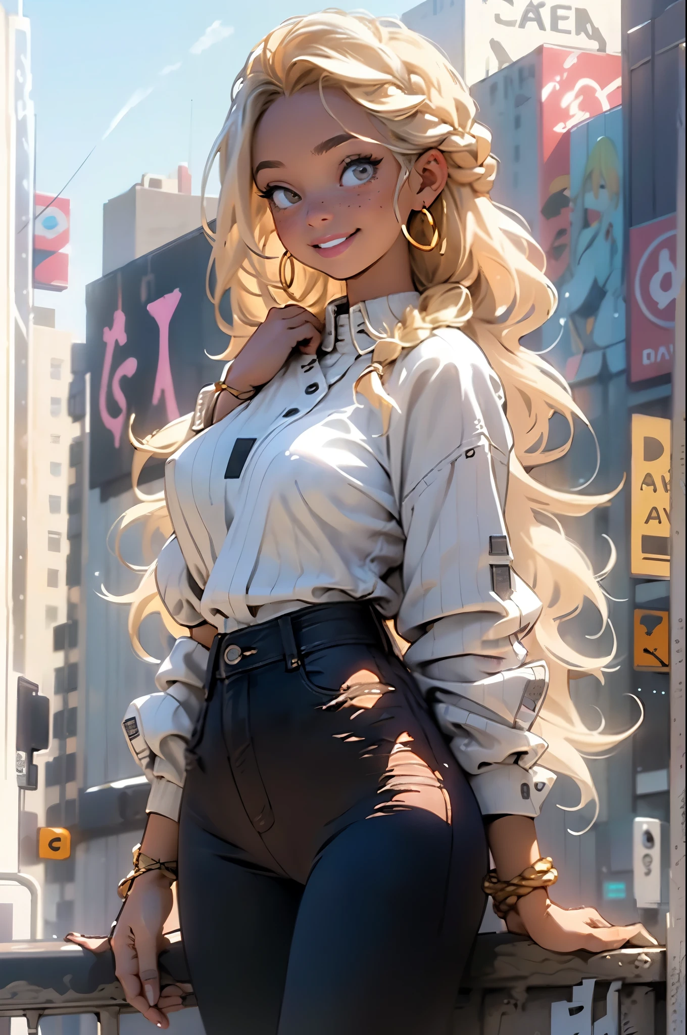blonde Girl with beautiful skin, braided hair, Box braids, dark brown eyes, smiling, super tight jeans big hips, hands down, black bra, white blouse, big circle gold earrings, freckles, big lips, on a rooftop, nyc skyline in the background, blue skies big clouds