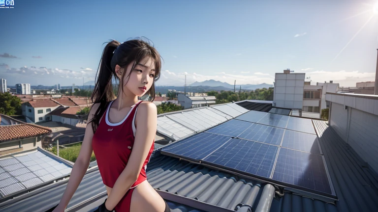 a high quality 3d render of beautiful 15-year-old korean girls with slender figures, detailed facial features, long eyelashes, wearing tight fitting sports fashion that hug their bodies, standing on the roof of a building with solar panels on the back, looking off into the distance, natural lighting, realistic photographic detail, cinematic composition