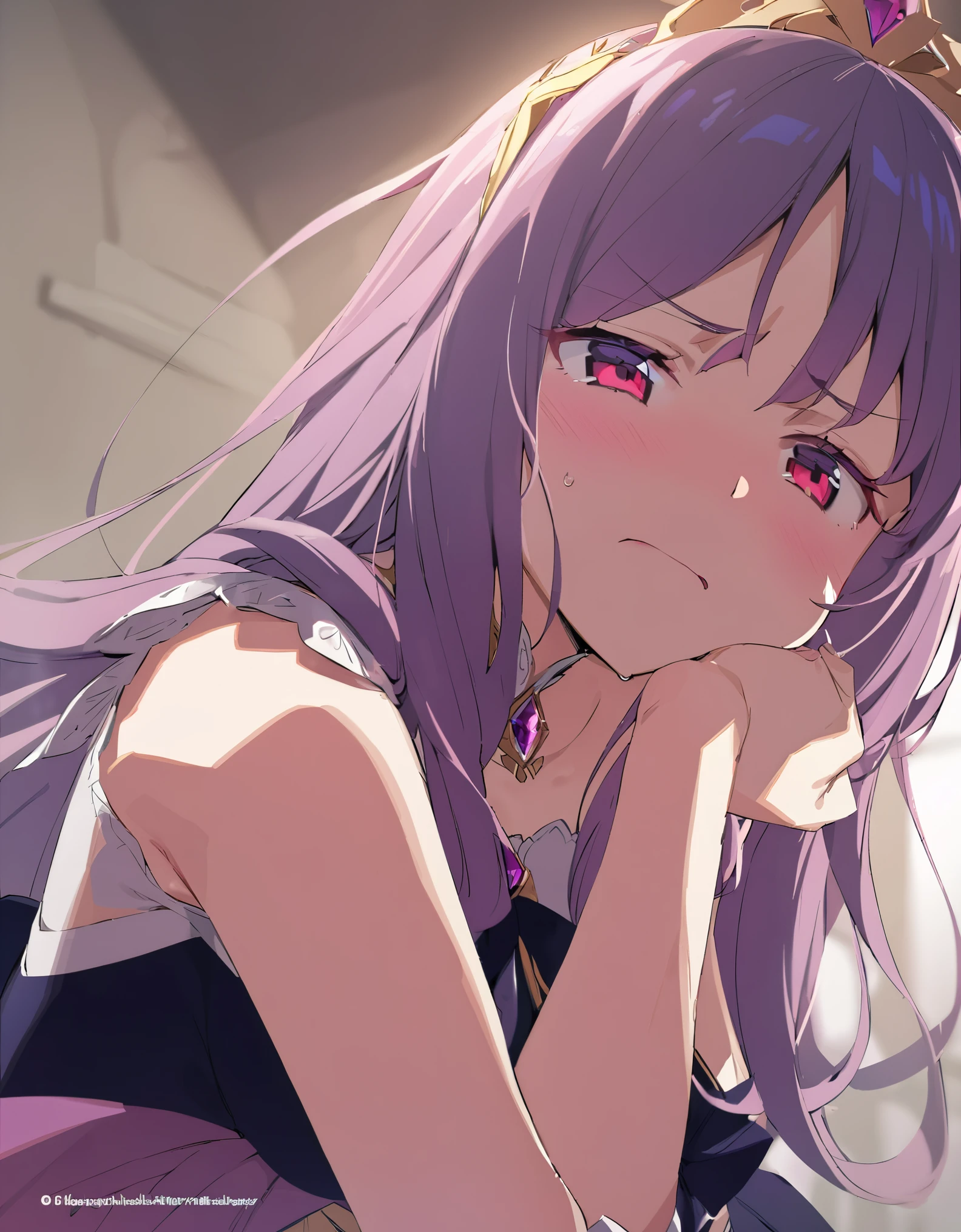 One girl, Beautiful and fine details, Long purple hair, Pale red eyes, Princess Dress, Disappointed White skin Masterpiece High contrast Perfect hands