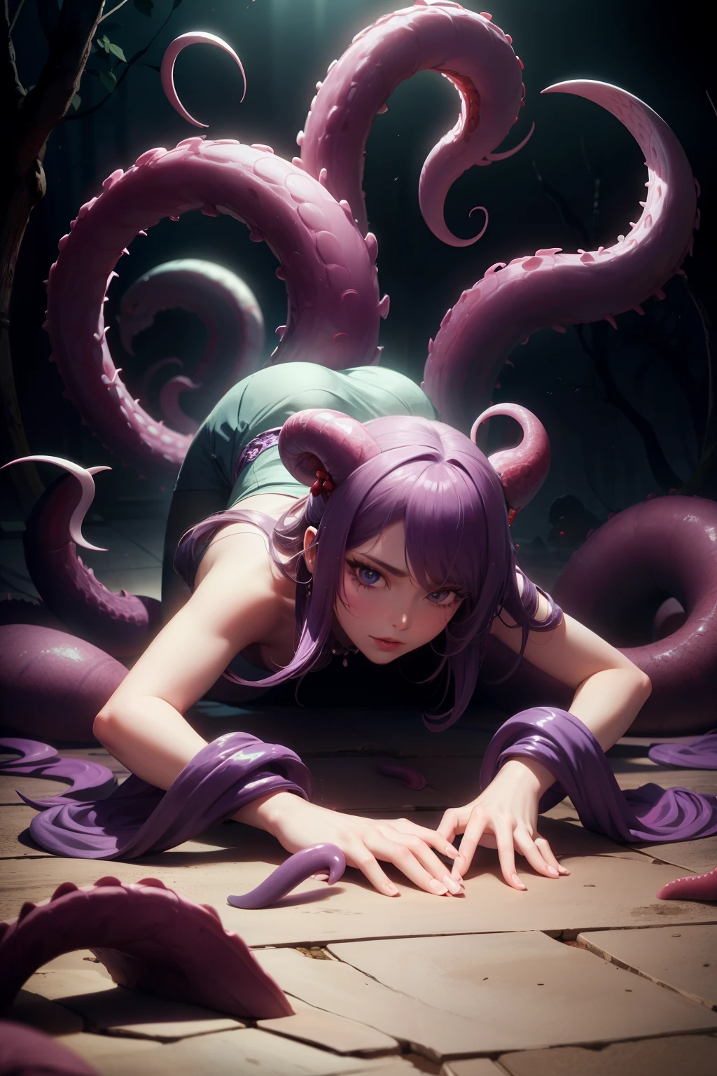 garota com cabelo branco, in a sensual pose crawling on the floor, tentaculos roxos, detalhes prateados, fictional figure with sensual expression,, super realista, full body perfect hands, she is in movement pose, purple and lilac color