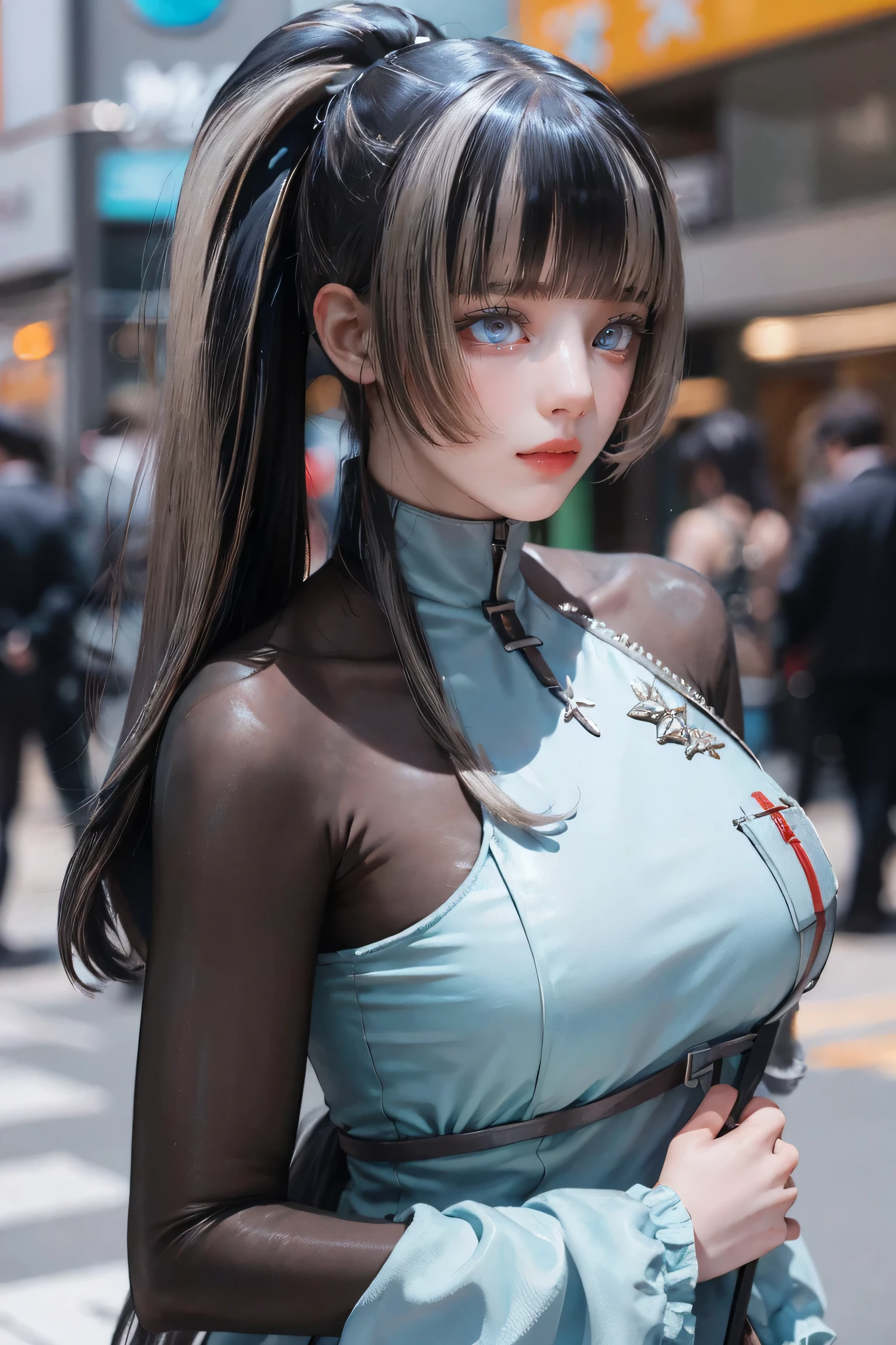 Realistic, (pretty girl:1.1), High resolution, Ultra Clear, Sharp focus, ,Cosplay, slim, Light blue and white cloth,Gray Hair, High Ponytail, China City Street, Perfect breasts,