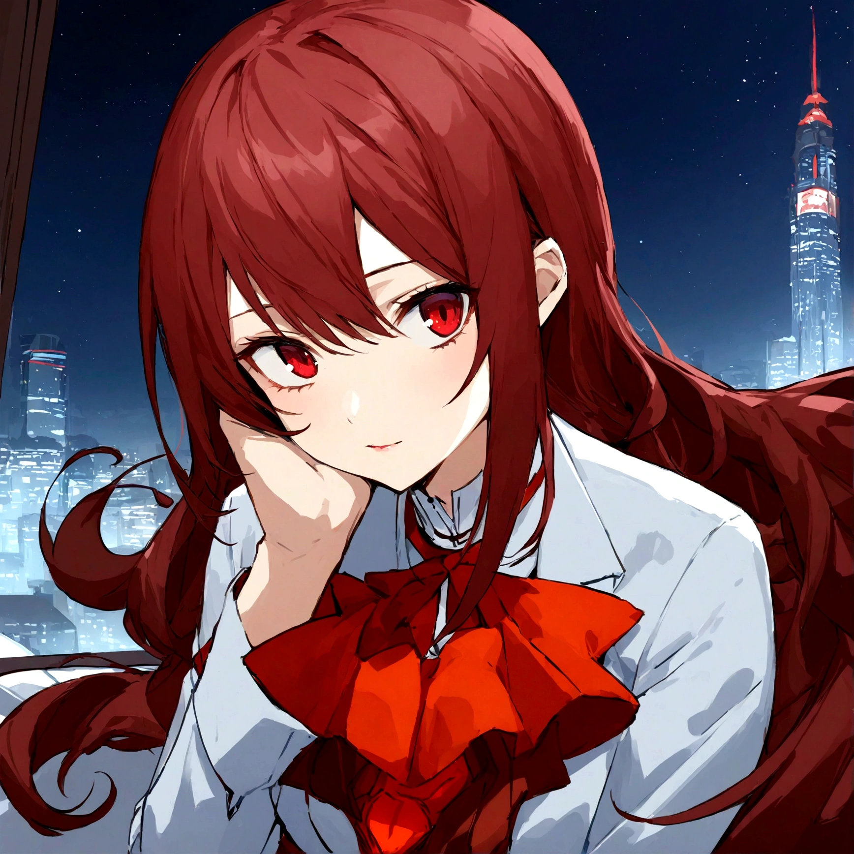 ((masterpiece, best quality)) Persona3ReloadMitsuru, 1girl, solo, long hair, red hair, wavy hair, side bangs, red eyes, on the coffee , minidress, japonese city in the background night, sitting cross-legged, 18 years old,