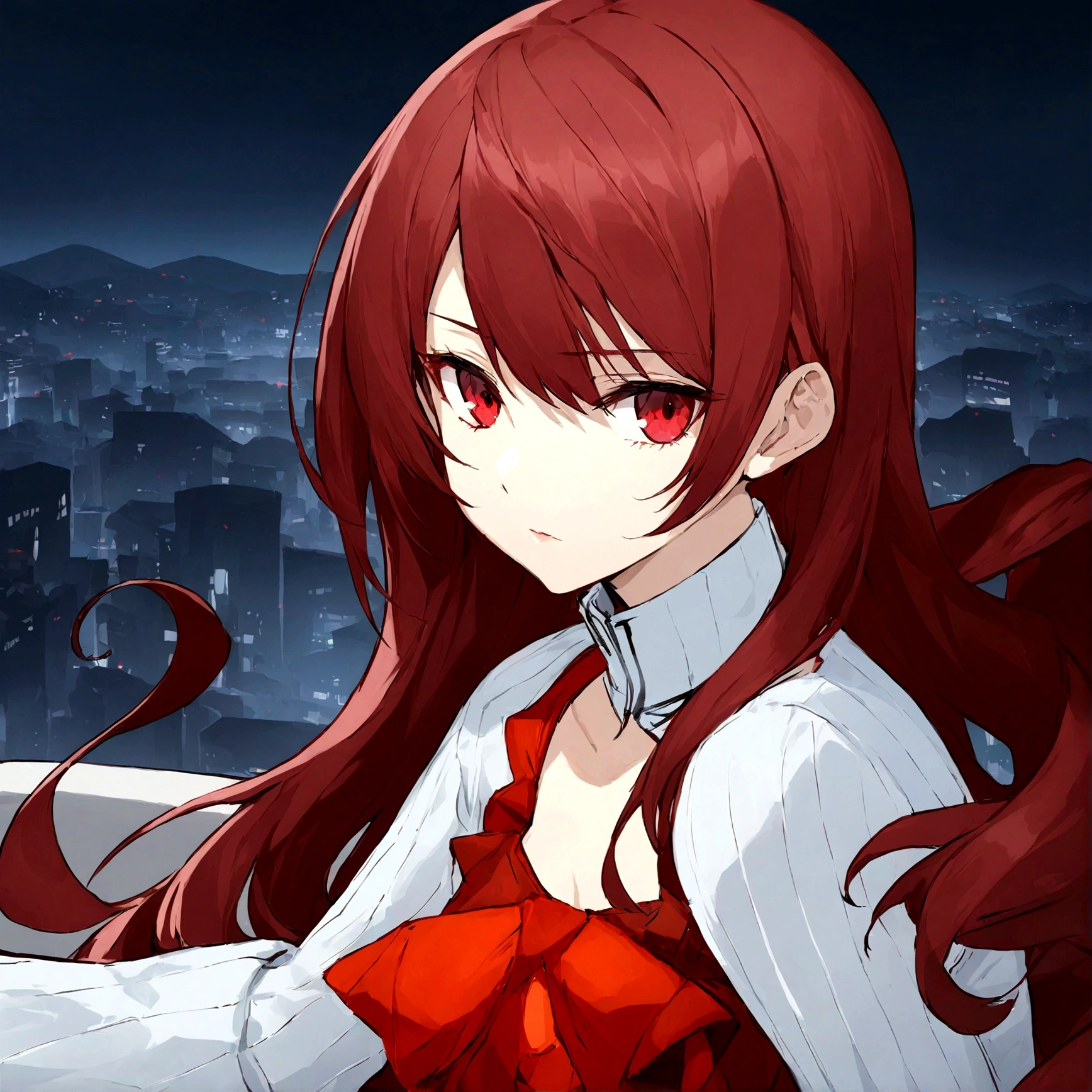 ((masterpiece, best quality)) Persona3ReloadMitsuru, 1girl, solo, long hair, red hair, wavy hair, side bangs, red eyes, on the coffee , minidress, japonese city in the background night, sitting cross-legged, 18 years old,