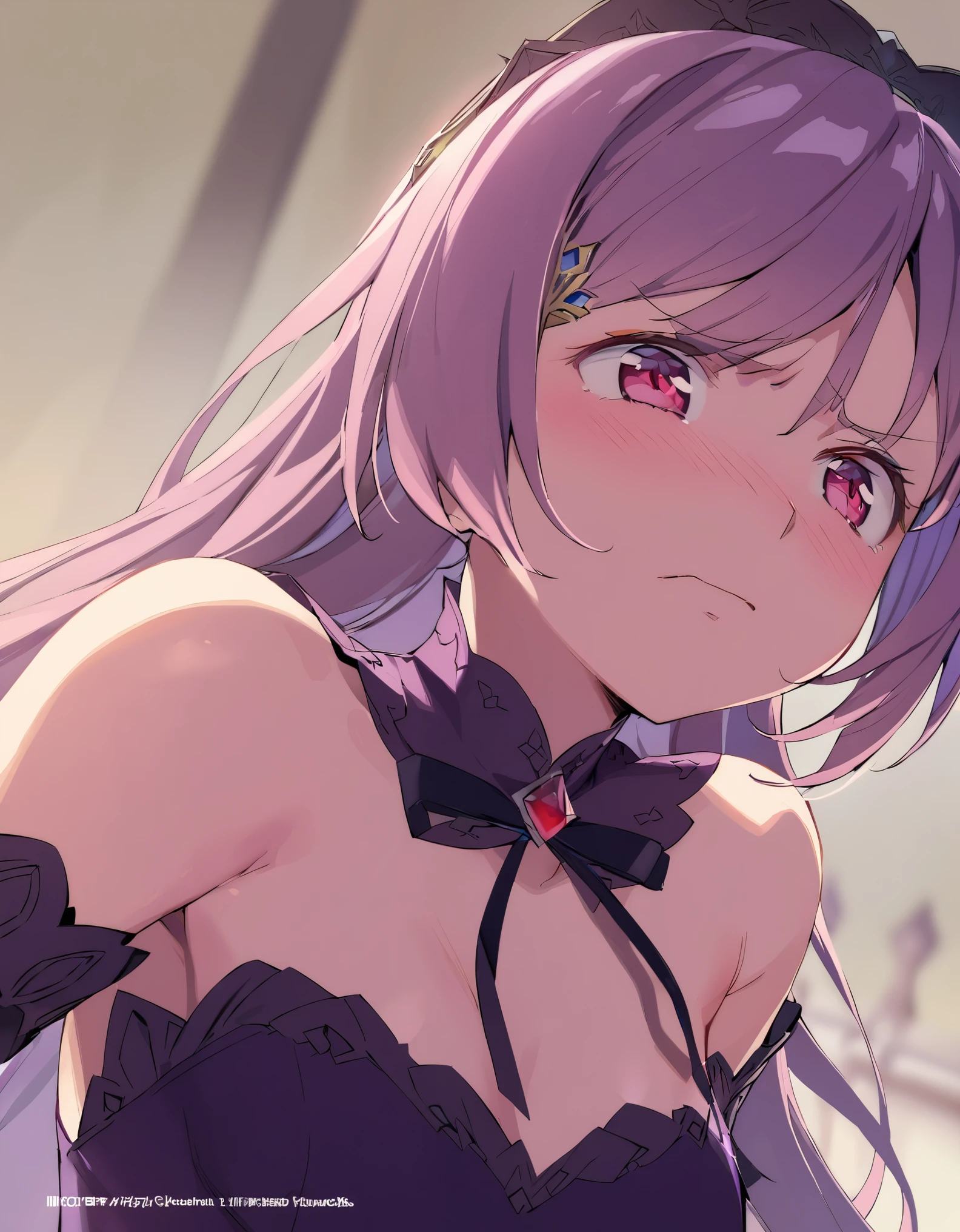 One girl, Beautiful and fine details, Long purple hair, Pale red eyes, Princess Dress, Disappointed