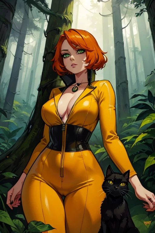 An orange haired female reaper with green eyes with an hourglass figure in yellow jumpsuit is holding a black cat in the creepy forest