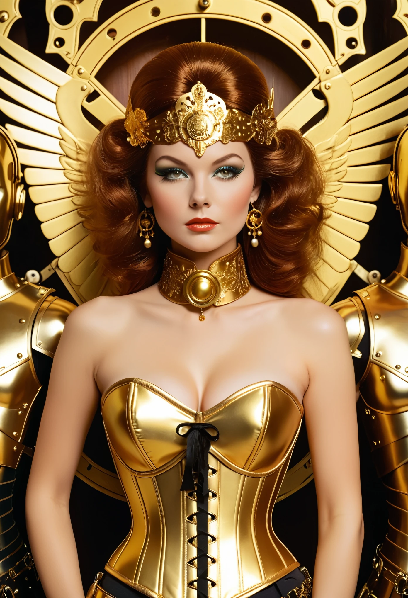 Close-up of a woman in a corset with a group of people, Edwards Poster Art, Gold and bronze armor, mechanical, Seventies, Ester-like face, 1970s Women Live, Keyframe, Doll Punk, There is a gold belt around the chest, Barbarela, metal, mechanicalanical, mechanicalanical superstructure