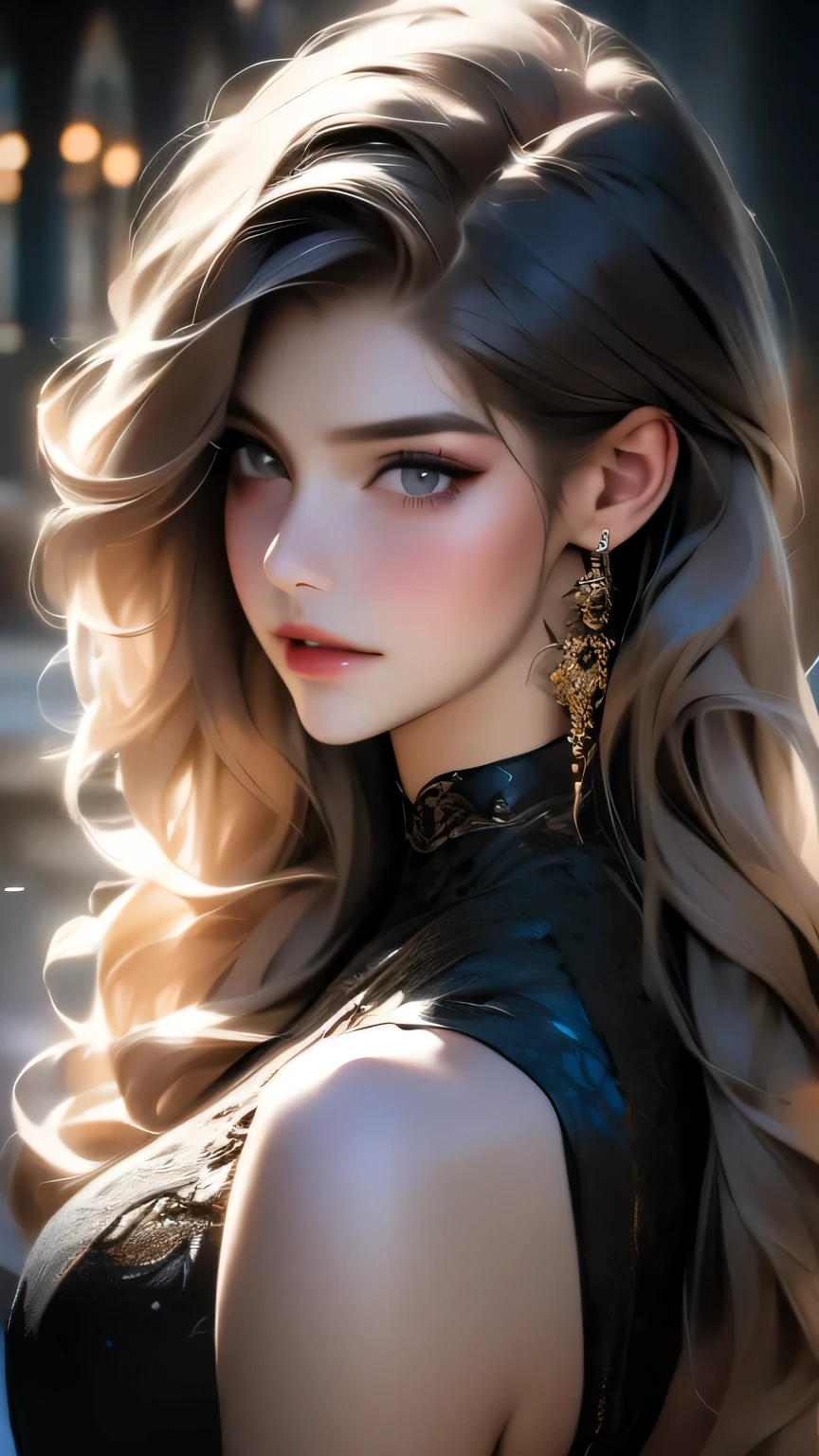 ((A 30-year-old woman wearing a black gothic dress))、Unparalleled beauty、masterpiece, 最high quality, high quality, High resolution, Highly refined muscles、Very detailed、Detailed skin texture、Intricate details、Depth of written border、Bright lighting、(Lighting from below)、Beautiful Face、Realistic Face、Realistic eyes、Beautiful fine grain、Realistic Skin、Beautiful Skin、Ultra-realistic、Very detailed、Golden Ratio、The most beautiful images in the world, Location was great.、(Cinema Lighting)、Detail emphasis, Beautiful lighting、Sharp focus、Mr.々A pose、超Detailed face、Fine grain、Increased hair growth、Brown Hair、Long Hair、Beautiful Hairstyles、Detailed face、Incredibly stupid, It seems ridiculous., (Big Breasts)、((Face close-up))、