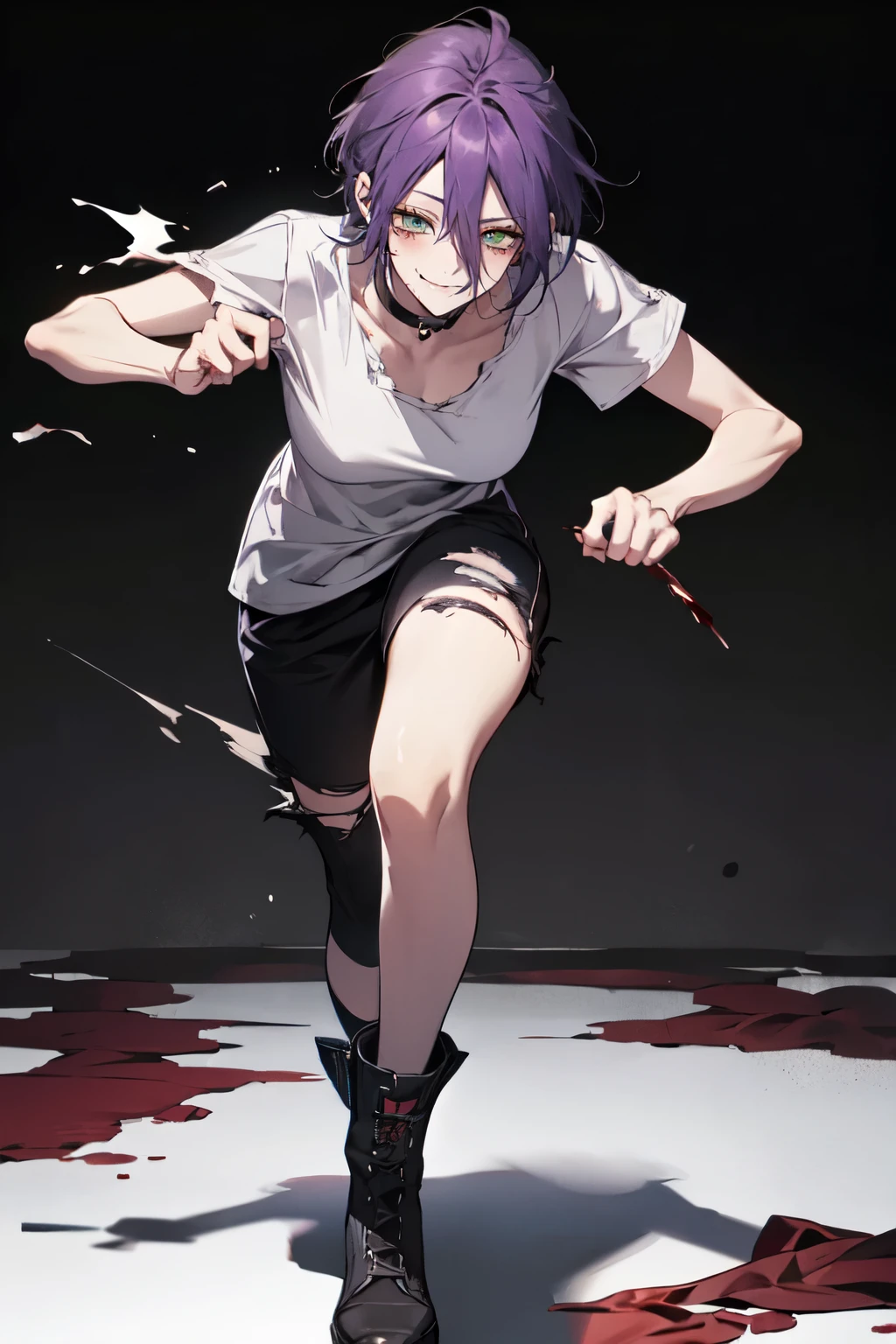 cowboy shot, ((white shirt)), 1girl,  , green eyes , smirk , grin,  black choker , hair between eyes , purple hair, r , short hair ,  cable , casual outfit , goth girl , white shirt ,  punk girl , techwear , leg wear ,  torn clothes , , blood , wound , scar , bleeding , blood , damage , taunting , battle stance , fighting stance , martial arts