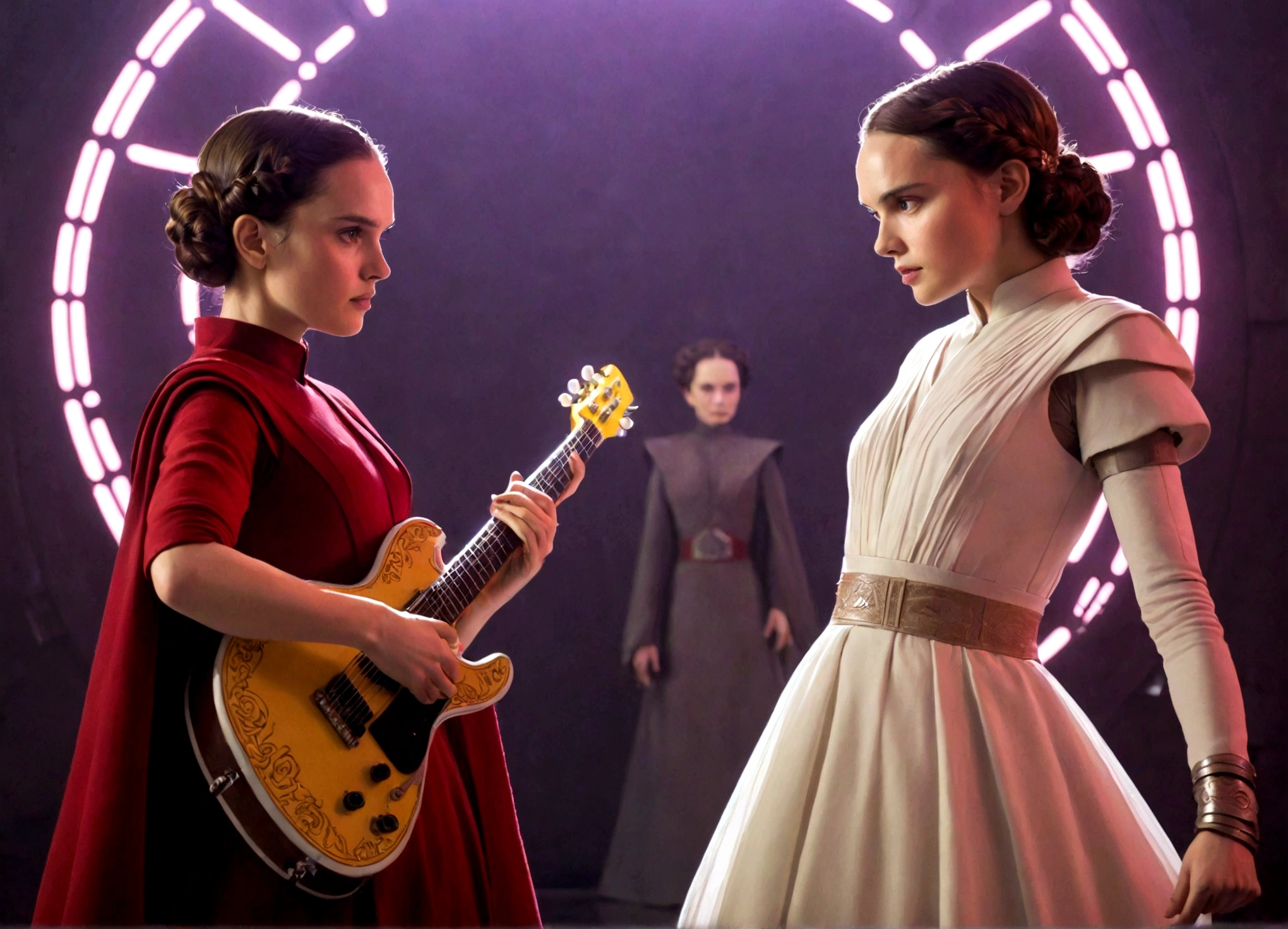 Ray (Daisy Ridley) and Queen Amidala (Natalie Portman age 25) are on a Naboo themed stage, they have neon  lit electric guitars, power ballad, rock opera