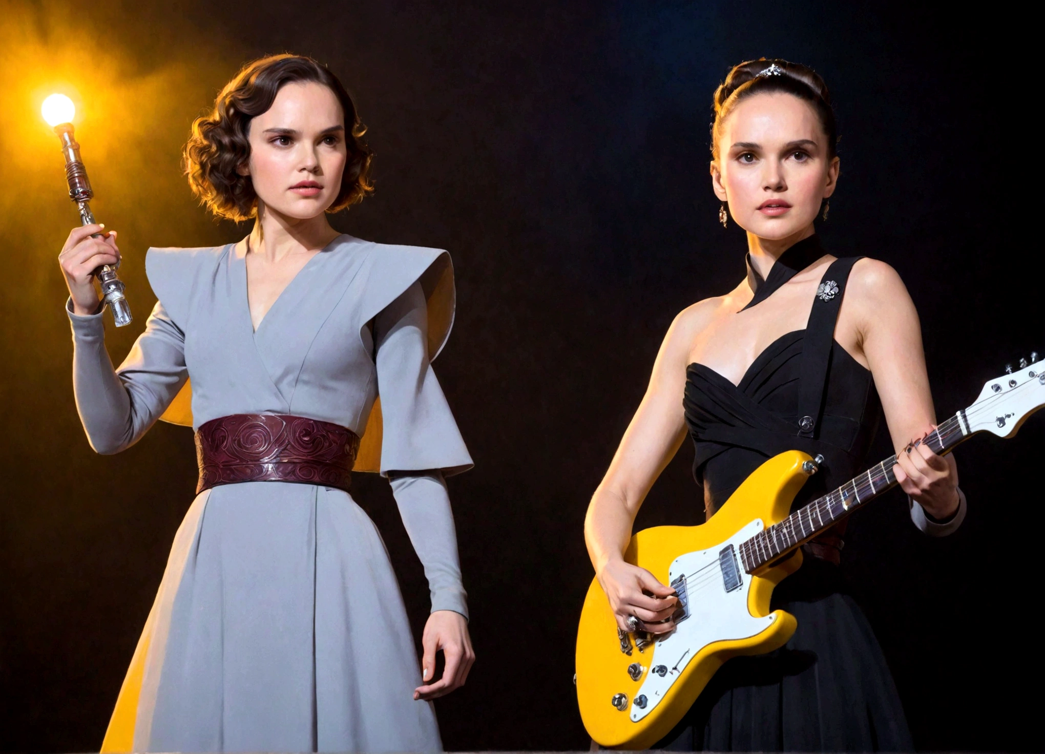 Ray (Daisy Ridley) and Queen Amidala (Natalie Portman age 25) are on a Naboo themed stage, they have neon  lit electric guitars, power ballad, rock opera