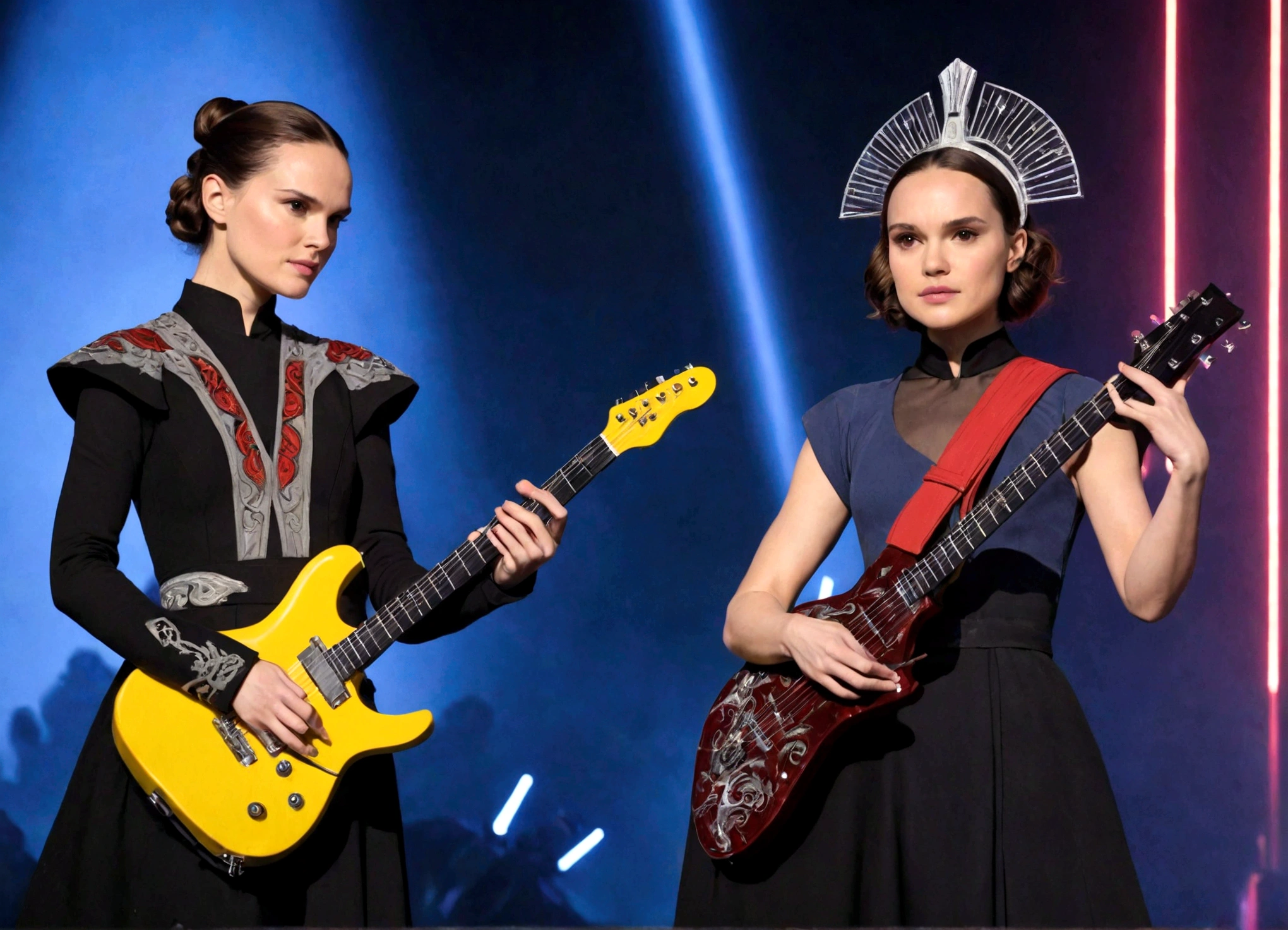 Ray (Daisy Ridley) and Queen Amidala (Natalie Portman age 25) are on a Naboo themed stage, they have neon  lit electric guitars, power ballad, rock opera