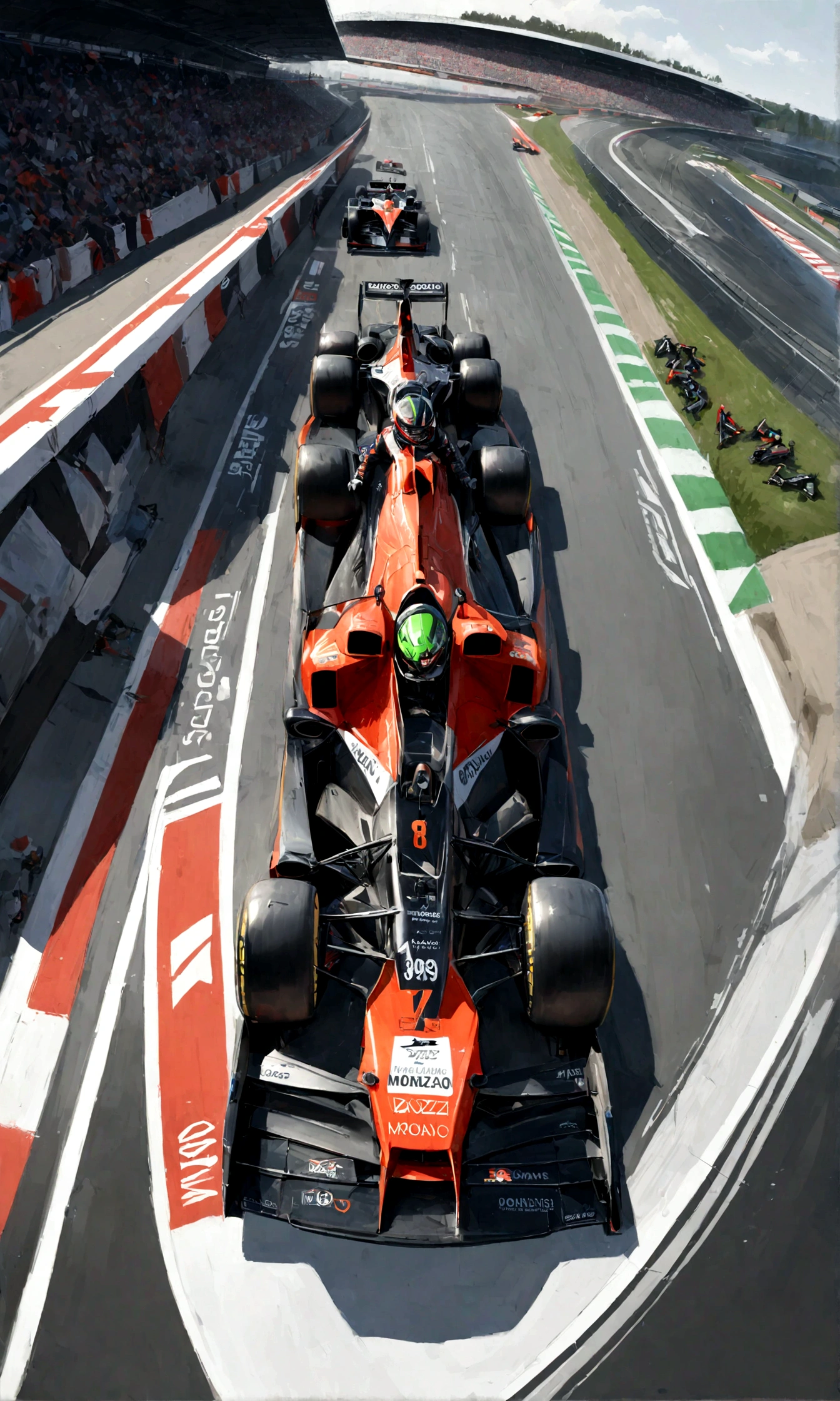 (Fast-paced F1 race,High-speed racing,Exciting race,Crowded F1 track),Bright colors,Clear focus,Extremely detailed cars,Exciting times,Ultra-detailed track(Lightning-speed turns and straights,Complex track layout),Spectacular crashes and near misses,Wheel-to-wheel battle,Adrenaline-fuelled competition,fast and Furious,Professional driver,Bent tire(masterpiece:1.2),Carbon fiber chassis,driver wearing helmet,F1 Champion Portrait,Motion Blur,Unpredictable weather conditions,Traveling in the rain and fog,Engine noise and the roar of the crowd,The stands were packed with cheering fans,Celebration on the podium,Spray champagne,Super detailed pit stop,High-tech telemetry data,Realistic rendering(Studio Lighting,Physically Based Rendering),Game overview(Trackside view,Overhead shot,Driver perspective),Racing at iconic locations (Monaco,Monza,Silverstone Circuit),The car speeds past the camera,High-resolution photos of the event,Fast-paced editing and dynamic composition,Fantastic concept art of a futuristic F1 car,Close-up of the driver's eyes,Adrenaline rushing through your veins,Long straights and sharp bends,High-octane fuel flows through the veins of your car,Easy speed,Mechanical precision,Thrilling overtaking,Exquisite aerodynamic design,Mechanic working in repair station,The victorious champion crosses the finish line.