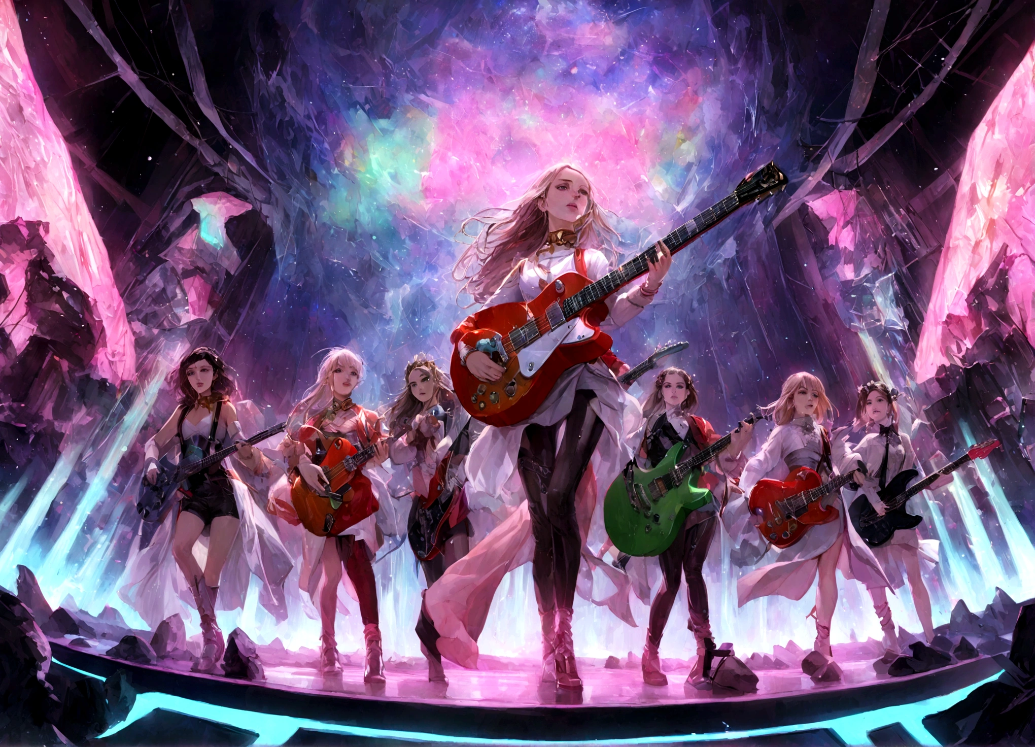 Ray (Daisy Ridley) and Queen Amidala (Natalie Portman age 25) are on a Naboo themed stage, they have neon lit electric guitars, power ballad, rock opera