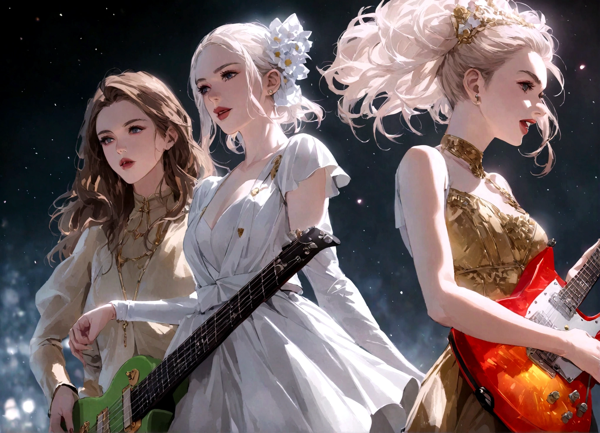 Ray (Daisy Ridley) and Queen Amidala (Natalie Portman age 25) are on a Naboo themed stage, they have neon lit electric guitars, power ballad, rock opera