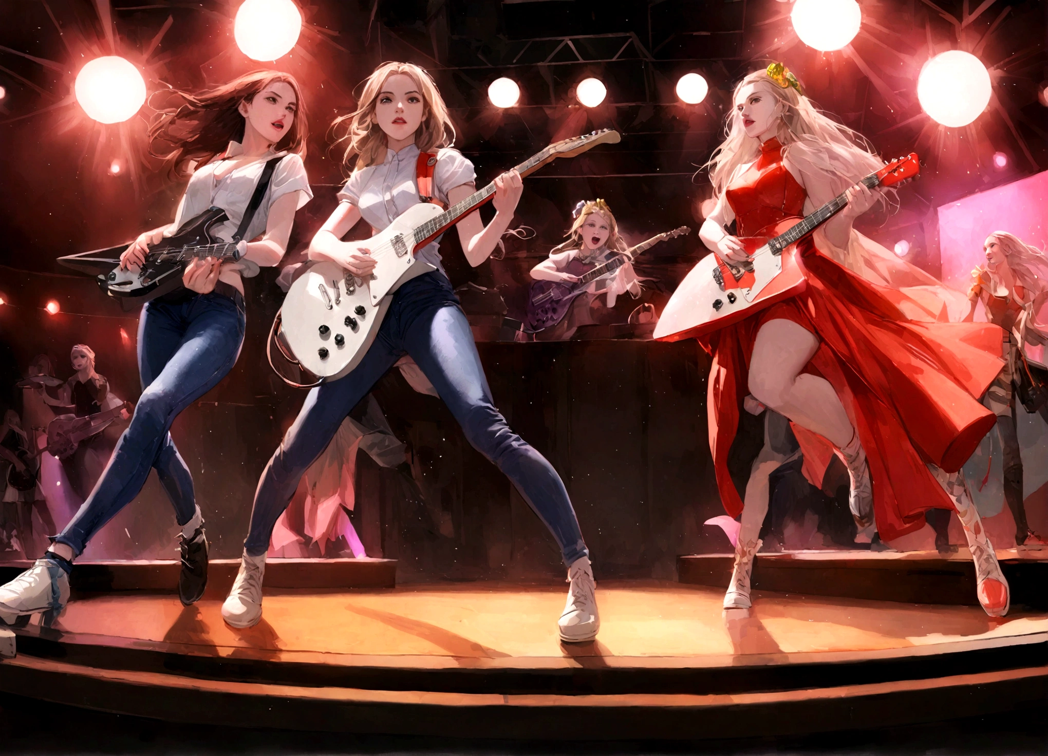 Ray (Daisy Ridley) and Queen Amidala (Natalie Portman age 25) are on a Naboo themed stage, they have neon lit electric guitars, power ballad, rock opera