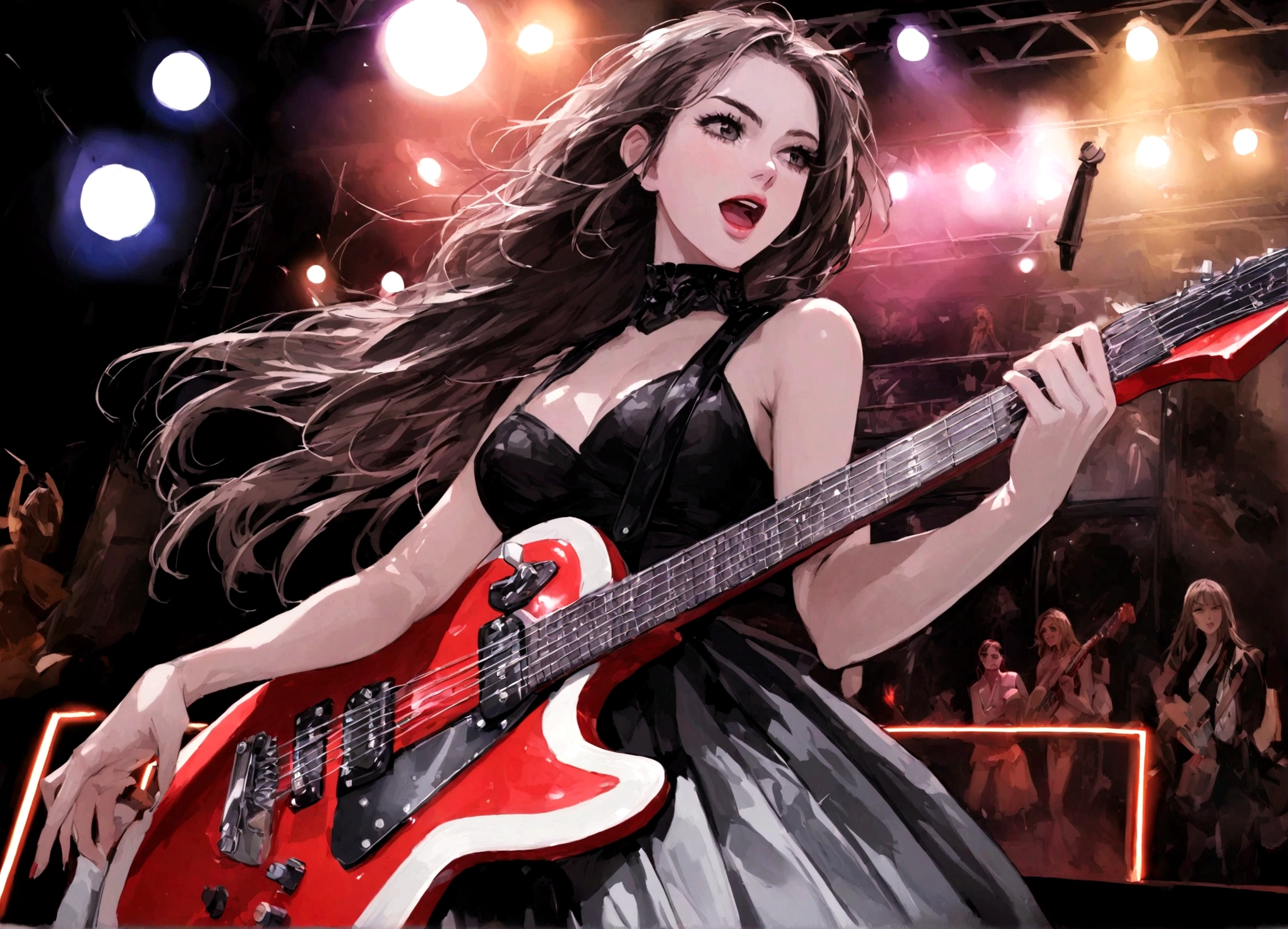 Ray (Daisy Ridley) and Queen Amidala (Natalie Portman age 25) are on a Naboo themed stage, they have neon lit electric guitars, power ballad, rock opera