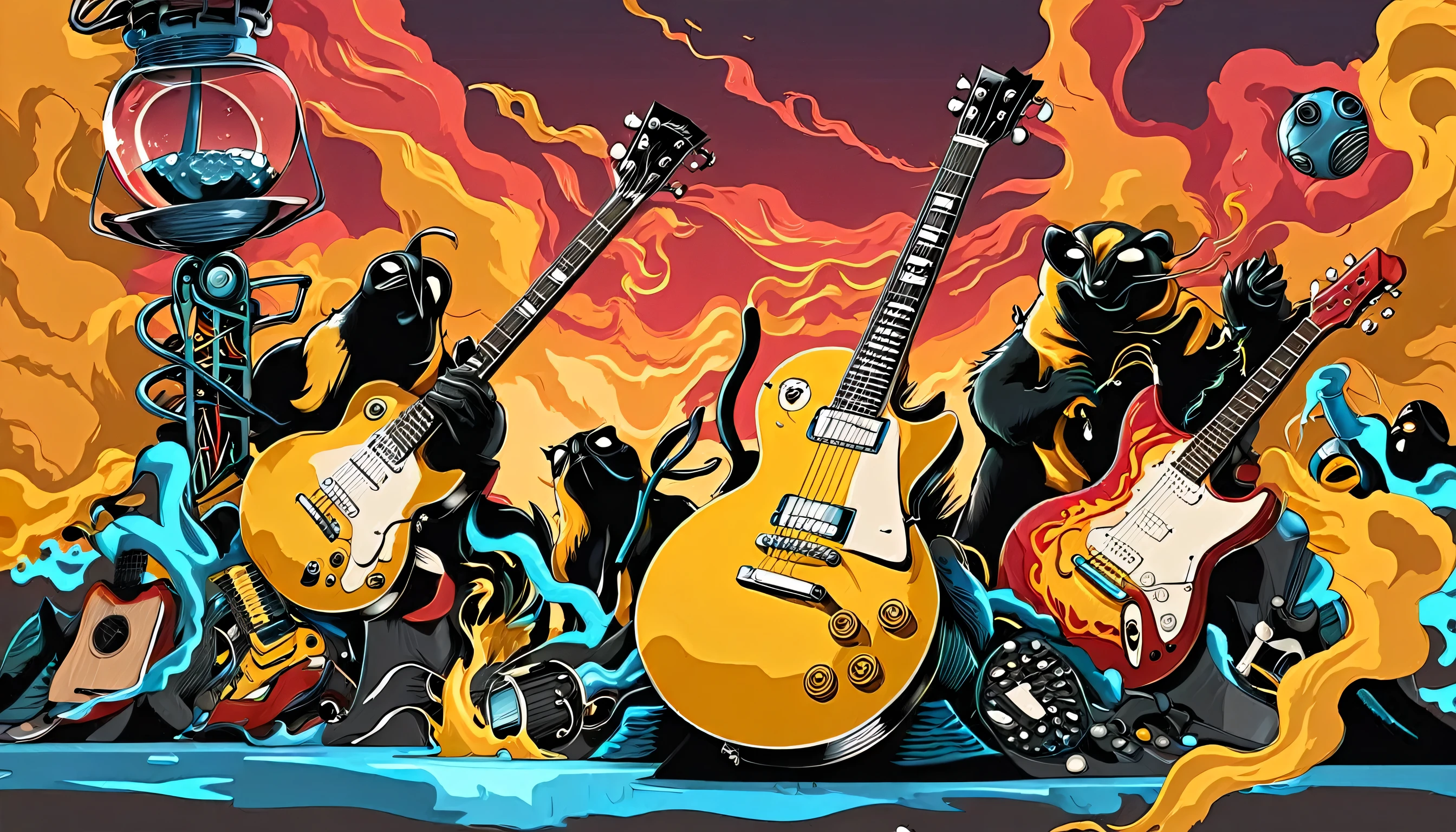 Guitars (golden Les Paul) and drums in a small science lab, complete with speakers and glass flasks of chemistry, embody the resilience and tenacity of the scientific community, infused with a bold graphic allure that enlivens the spirit of science. The design penetrates layers of depth, integrating the raw essence and vibrant cores of Brazilian culture. Brushstrokes that incorporate the fluid energy of graffiti on guitars and acoustic guitars weave around dynamic geometric shapes, adorning the laboratories with an evocative masterpiece that speaks to the heart of the intersection between two diverse worlds. Majestically rendered in high definition and vibrant color, every detail bursts with life, inviting viewers to marvel at the beauty that