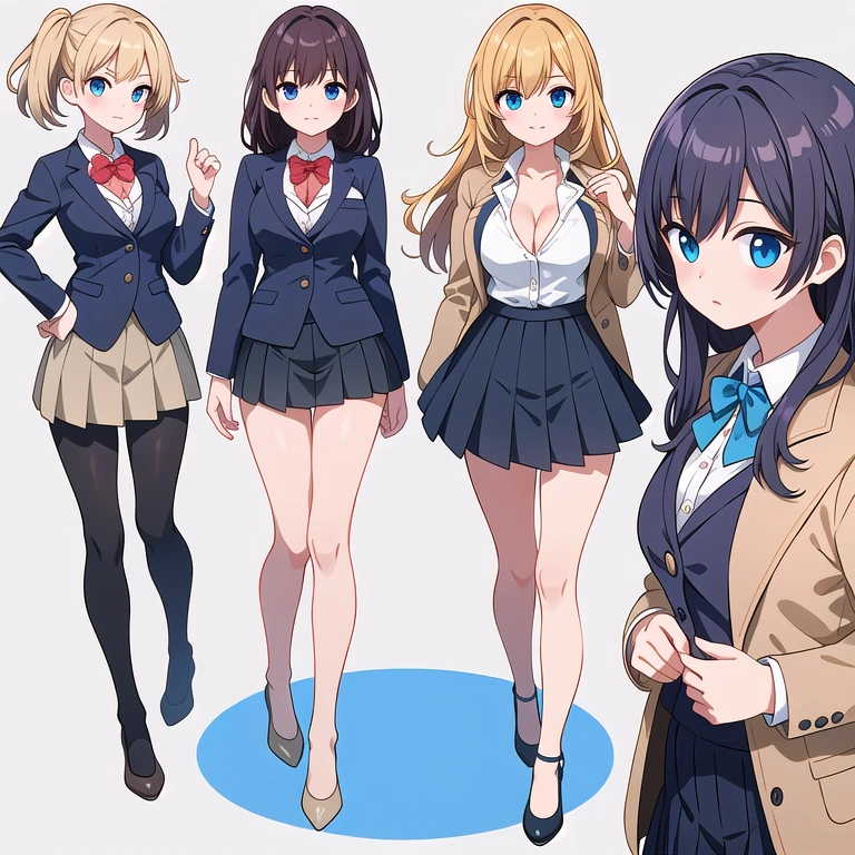 (stand posture), cute eyes, 3 girls, blazer jacket, cleavage, skirt, solo, ((white background)), (full body), multiple views, vest,