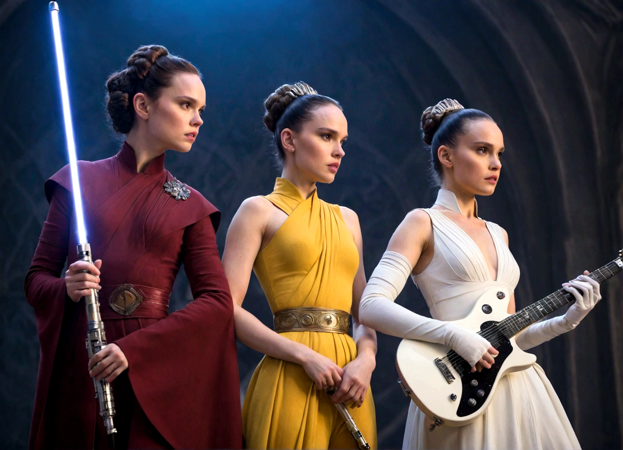 Ray (Daisy Ridley) and Queen Amidala (Natalie Portman age 25) are on a Naboo themed stage, they have neon lit electric guitars, power ballad, rock opera