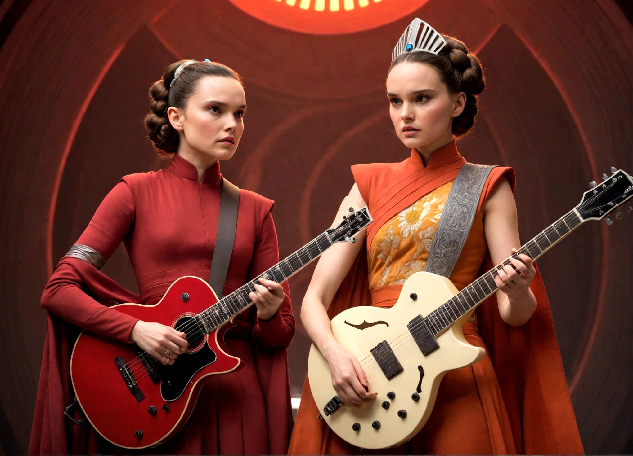 Ray (Daisy Ridley) and Queen Amidala (Natalie Portman age 25) are on a Naboo themed stage, they have neon lit electric guitars, power ballad, rock opera