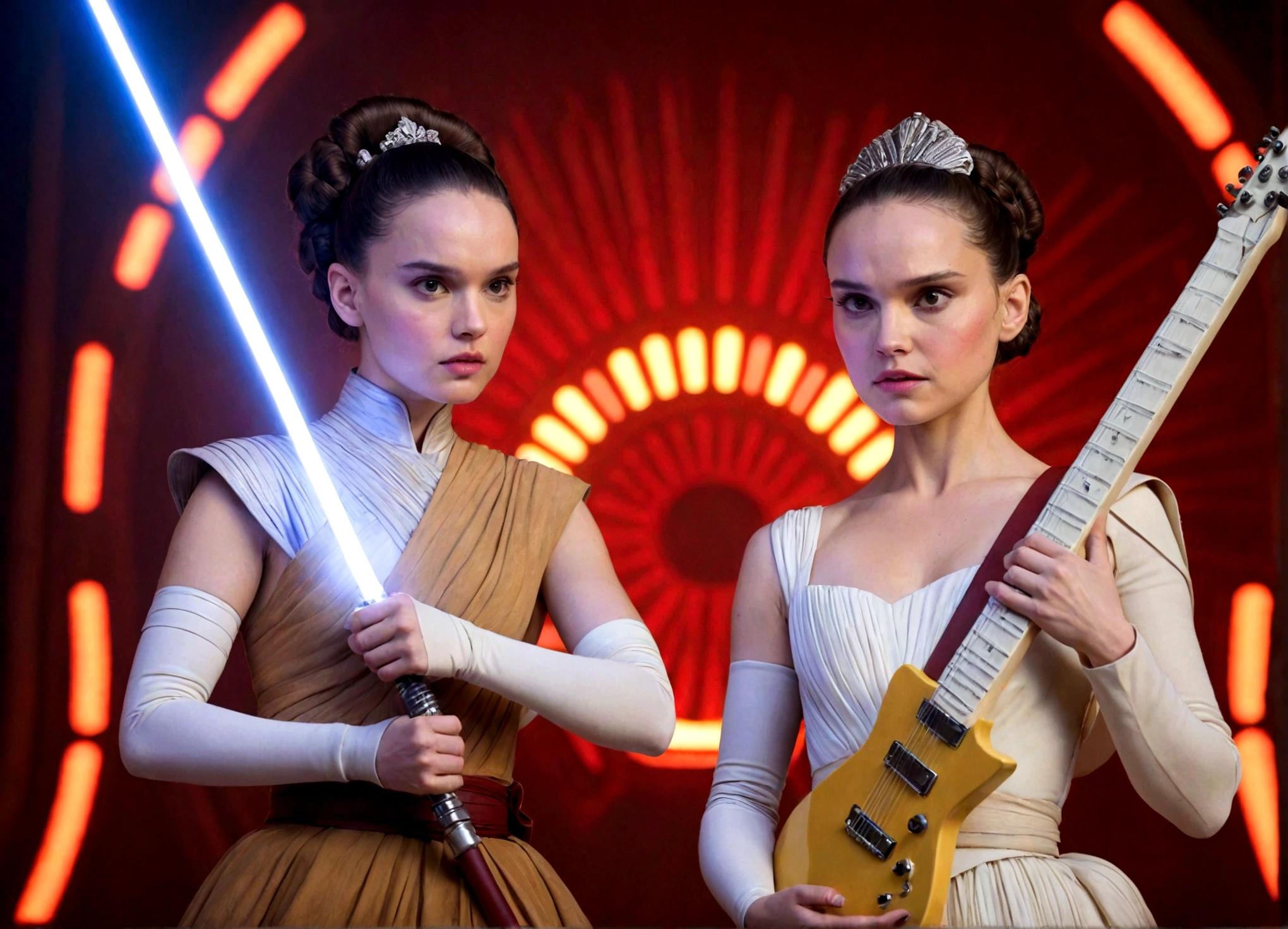 Ray (Daisy Ridley) and Queen Amidala (Natalie Portman age 25) are on a Naboo themed stage, they have neon lit electric guitars, power ballad, rock opera