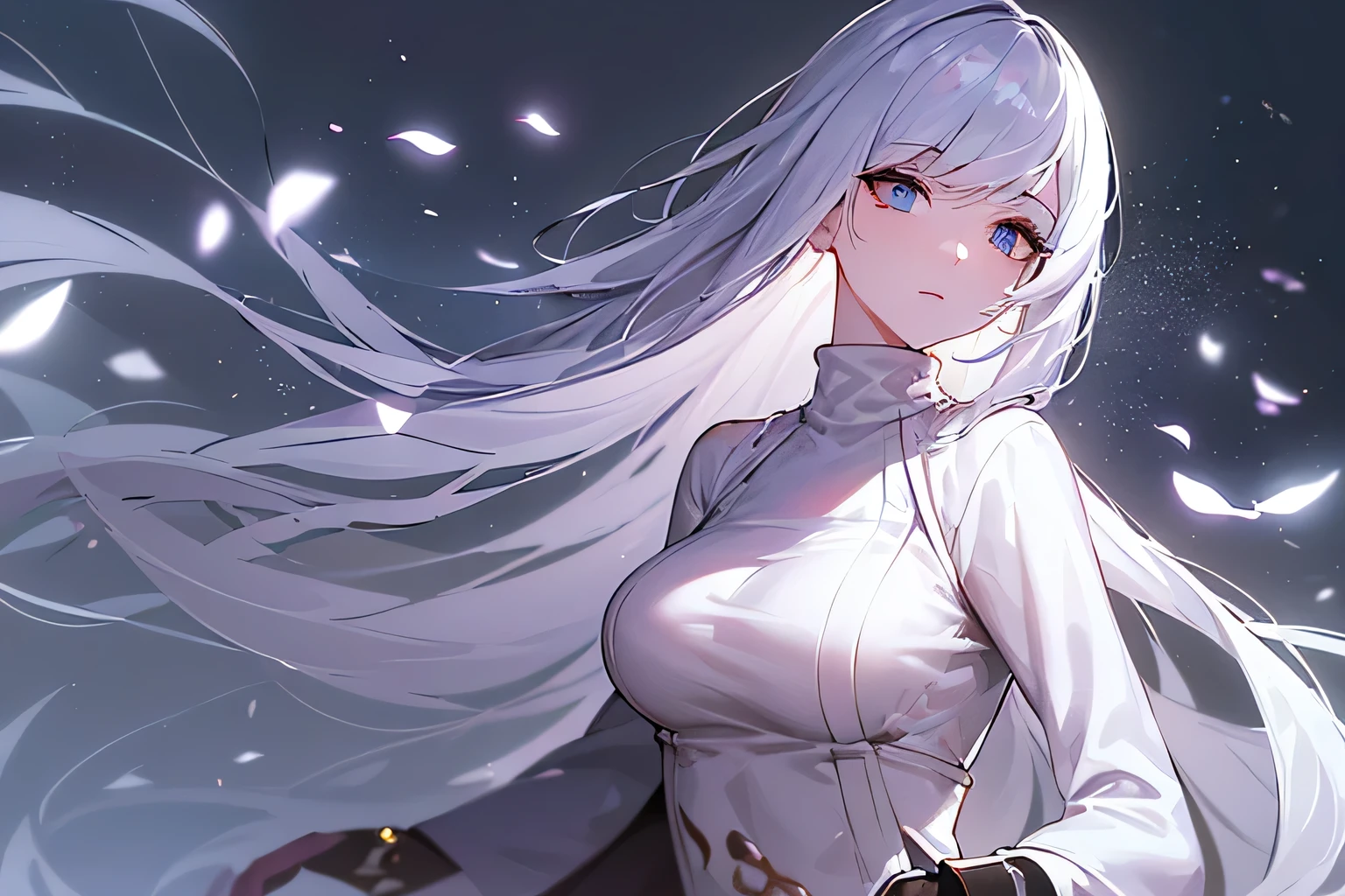 masterpiece, top quality, super detailed, high resolution, (ink painting style), excellent anatomy, beautiful 1 woman, ((bust up picture, from the front)), ((8k, portraiture, very detailed CG, particle effects, dynamic effects, written boundary depth, cinematic light, lens flare, ray tracing)), ((alone, woman in turtleneck dress:1.4, model like pose, medium breasts, detailed face, bright expression, brighter, whiter skin, best looks, ultimate beauty, white hair with shiny highlights:1.8, bright and shiny hair, super long, silky straight hair, hair swaying in the wind)), (fantastic transparent flowers, surrounded by, white background, great background, thin petals fluttering down), prefect body, best light, best shadow, mysterious, perfect face, highly detailed,