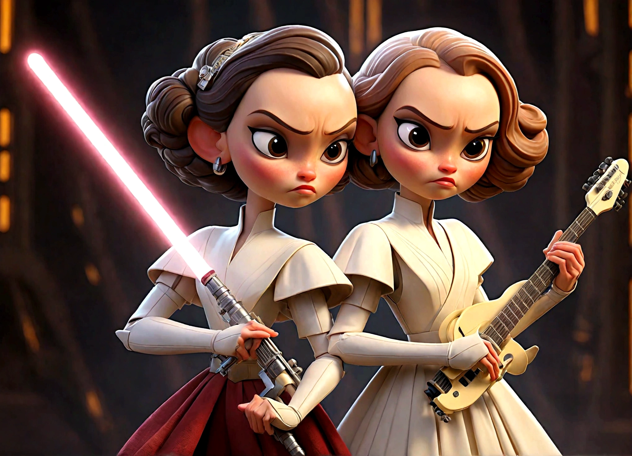 Ray (Daisy Ridley) and Queen Amidala (Natalie Portman age 25) are on a Naboo themed stage, they have neon lit electric guitars, power ballad, rock opera
