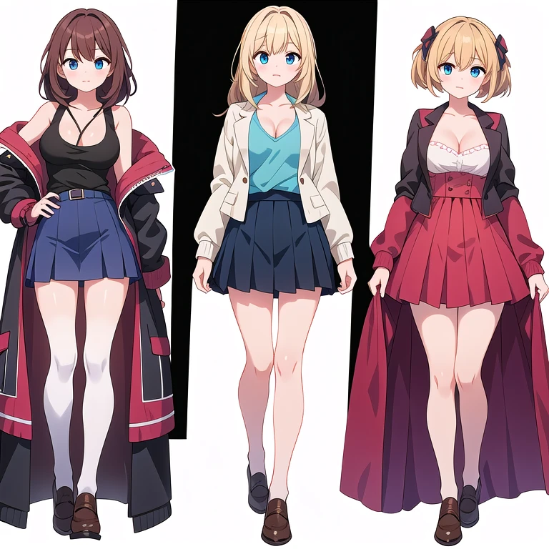 (stand posture), cute eyes, 3 girls, jacket, cleavage, skirt, solo, ((white background)), (full body), multiple views, vest,