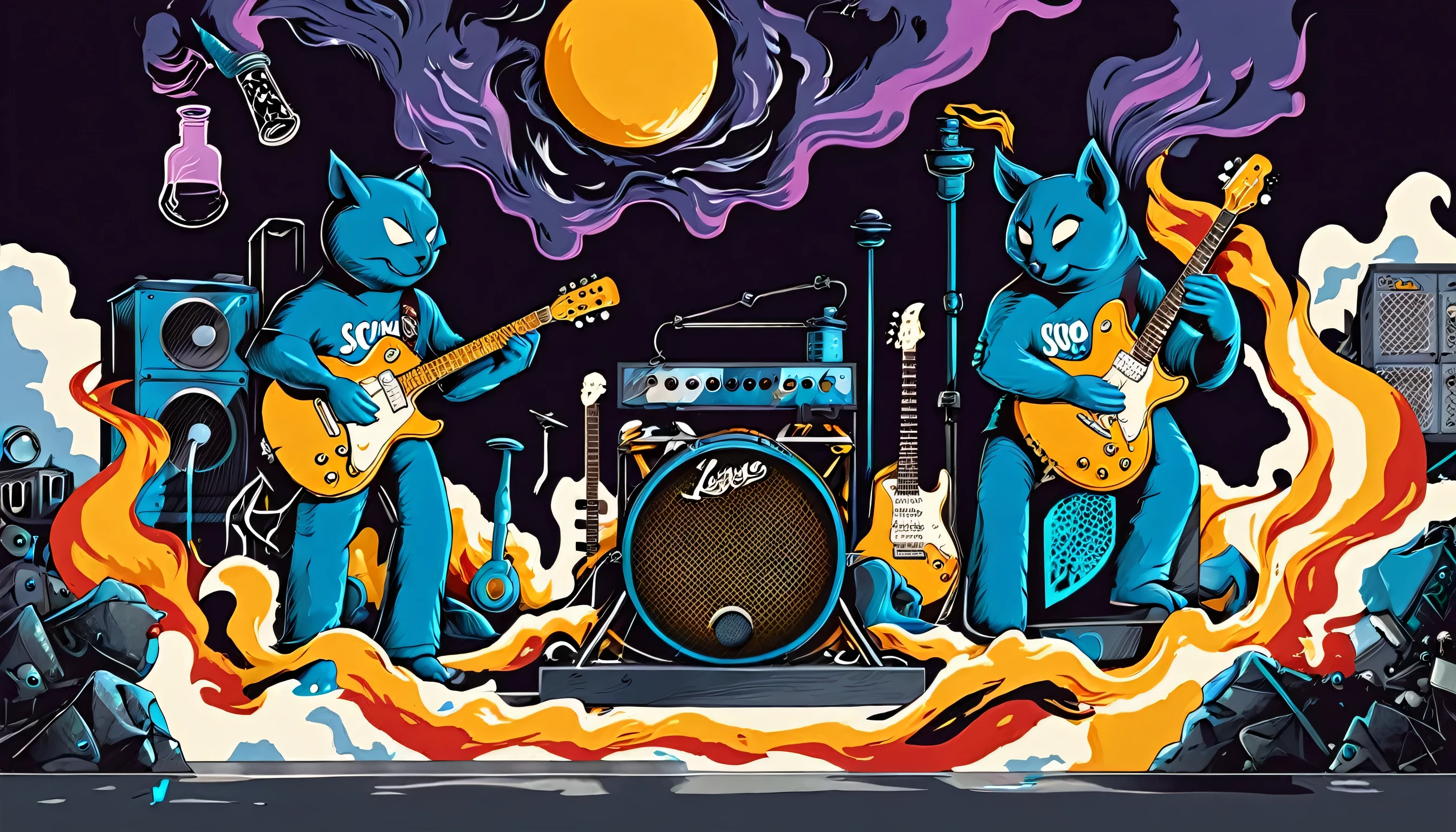 Guitars (golden Les Paul) and drums in a small science lab, complete with speakers and glass flasks of chemistry, embody the resilience and tenacity of the scientific community, infused with a bold graphic allure that enlivens the spirit of science. The design penetrates layers of depth, integrating the raw essence and vibrant cores of Brazilian culture. Brushstrokes that incorporate the fluid energy of graffiti on guitars and acoustic guitars weave around dynamic geometric shapes, adorning the laboratories with an evocative masterpiece that speaks to the heart of the intersection between two diverse worlds. Majestically rendered in high definition and vibrant color, every detail bursts with life, inviting viewers to marvel at the beauty that