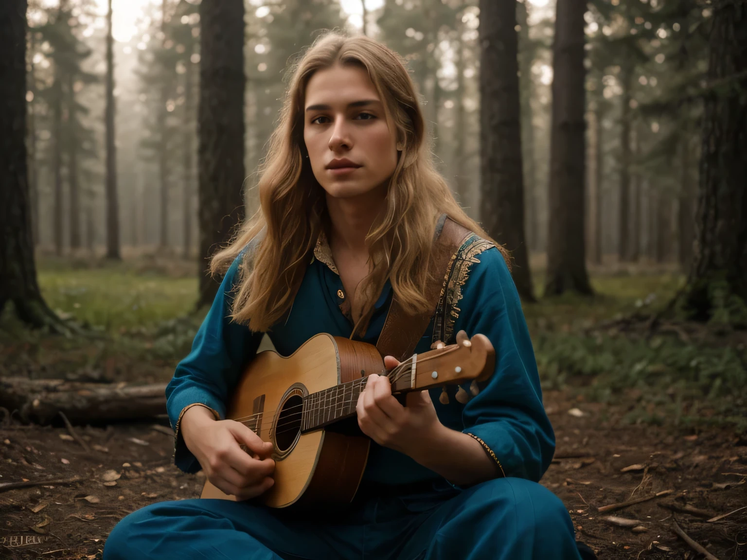 a young caucasian man with beautiful detailed blue eyes, wavy blonde hair, dressed as a gypsy charmer, sitting in a pacific northwest forest clearing, playing lute, with a fire burning nearby, (best quality,4k,8k,highres,masterpiece:1.2),ultra-detailed,(realistic,photorealistic,photo-realistic:1.37),intricate details,vibrant colors,dramatic lighting,cinematic composition,fantasy portrait, hyperrealistic