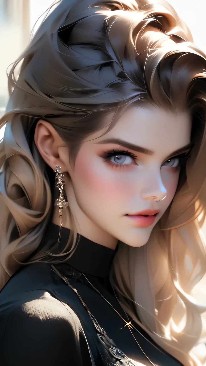 ((A 30-year-old woman wearing a black gothic dress))、Unparalleled beauty、masterpiece, 最high quality, high quality, High resolution, Highly refined muscles、Very detailed、Detailed skin texture、Intricate details、Depth of written border、Bright lighting、(Lighting from below)、Beautiful Face、Realistic Face、Realistic eyes、Beautiful fine grain、Realistic Skin、Beautiful Skin、Ultra-realistic、Very detailed、Golden Ratio、The most beautiful images in the world, Location was great.、(Cinema Lighting)、Detail emphasis, Beautiful lighting、Sharp focus、Mr.々A pose、超Detailed face、Fine grain、Increased hair growth、Brown Hair、Long Hair、Beautiful Hairstyles、Detailed face、Incredibly stupid, It seems ridiculous., (Big Breasts)、((Face close-up))、