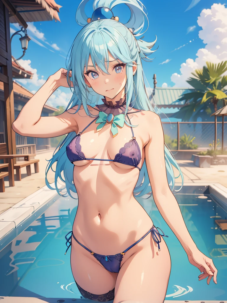 masutepiece, Detailed, Best Quality, Beautiful Girl, very small lace translucent bikini, Shackles, stock, Troubled face, big pool (prison), sexy girl 1girl in, aqua from konosuba character, female, Blunt bangs, Big breasts, Amused expression, Looking at Viewer, big butt, mature body, very big , blue eyes, small thong, big butt, full body picture, cameltoe,micro transparent lace lingerie, nsfw, light blue hair , fully naked, cute pose, ((fully naked)), showing her nipples 