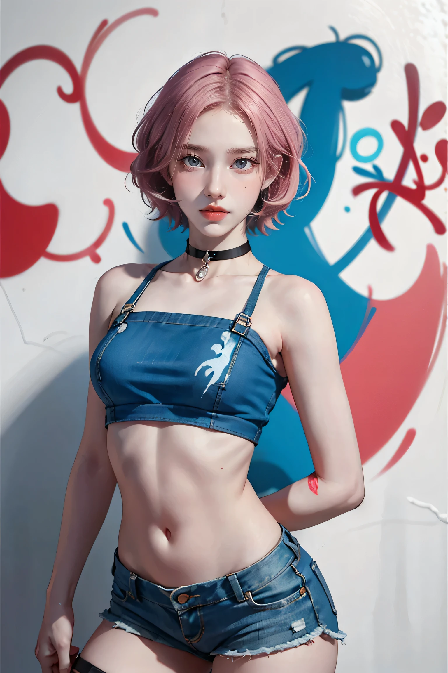 ((NSFW:0.9)),tall,(8k, highest quality, masterpiece:1,2), (Realistic, Photorealistic:1.37), Very detailed, One Girl,), (Very detailed), (Fine and beautiful eyes), (highest qualityの), (Very detailed ), (masterpiece), (Detailed face),20-year-old, ,1 girl, whole body, Pink Hair,Very short hair, Medium chest, Dressed, Excited face, Mischievous face,Perfect lighting, Crop top, Denim shorts, choker, (graffiti:1.5), Paint splashes, Put your arms behind your back, Against the wall, Looking at the audience, Armband, Thigh straps, body paint, Tilt your head, boredom, Colorful Hair, Aqua Eye, headset,((NSFW:0.9)),tall