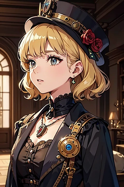 close, Straight blonde short curly hair girl little red hat, Necklace Watches, (Victorian era), ((steampunk)), Cinematography, worked, elegant, Scrupulous, grow, Maximum details, Extremely aesthetic, Exquisitely crafted, Lots of gear, Old town background
