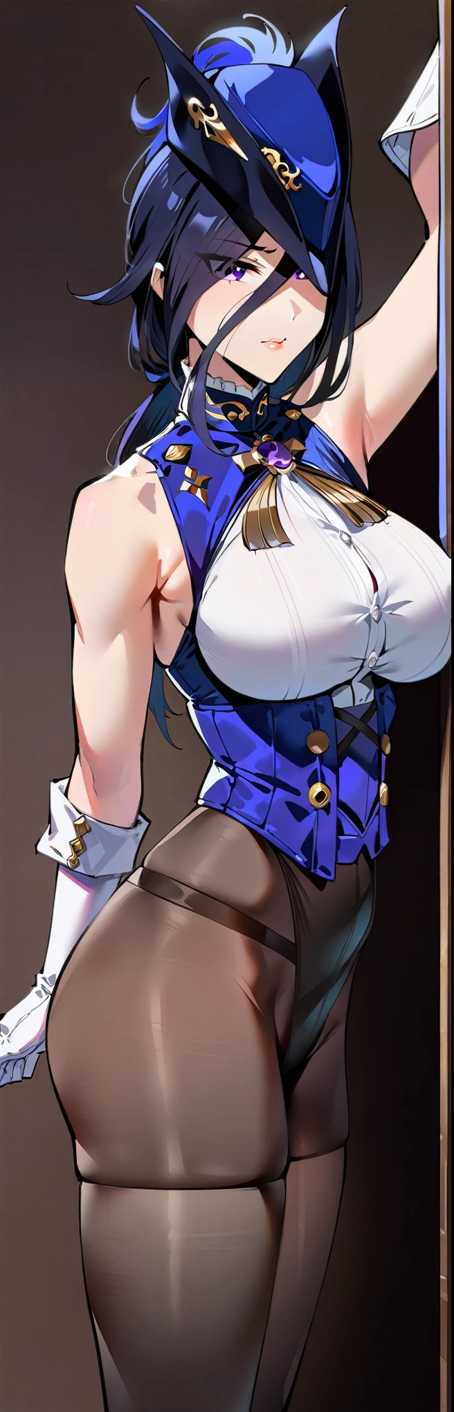 (masterpiece, best quality:1.2), 1girl, solo,standing_split,
Clorinde, white gloves, tricorne, black pantyhose, sleeveless clothing,Sleeveless shirt, Unzip the jacket, detail_face, eyeslashes, purple shinny hair