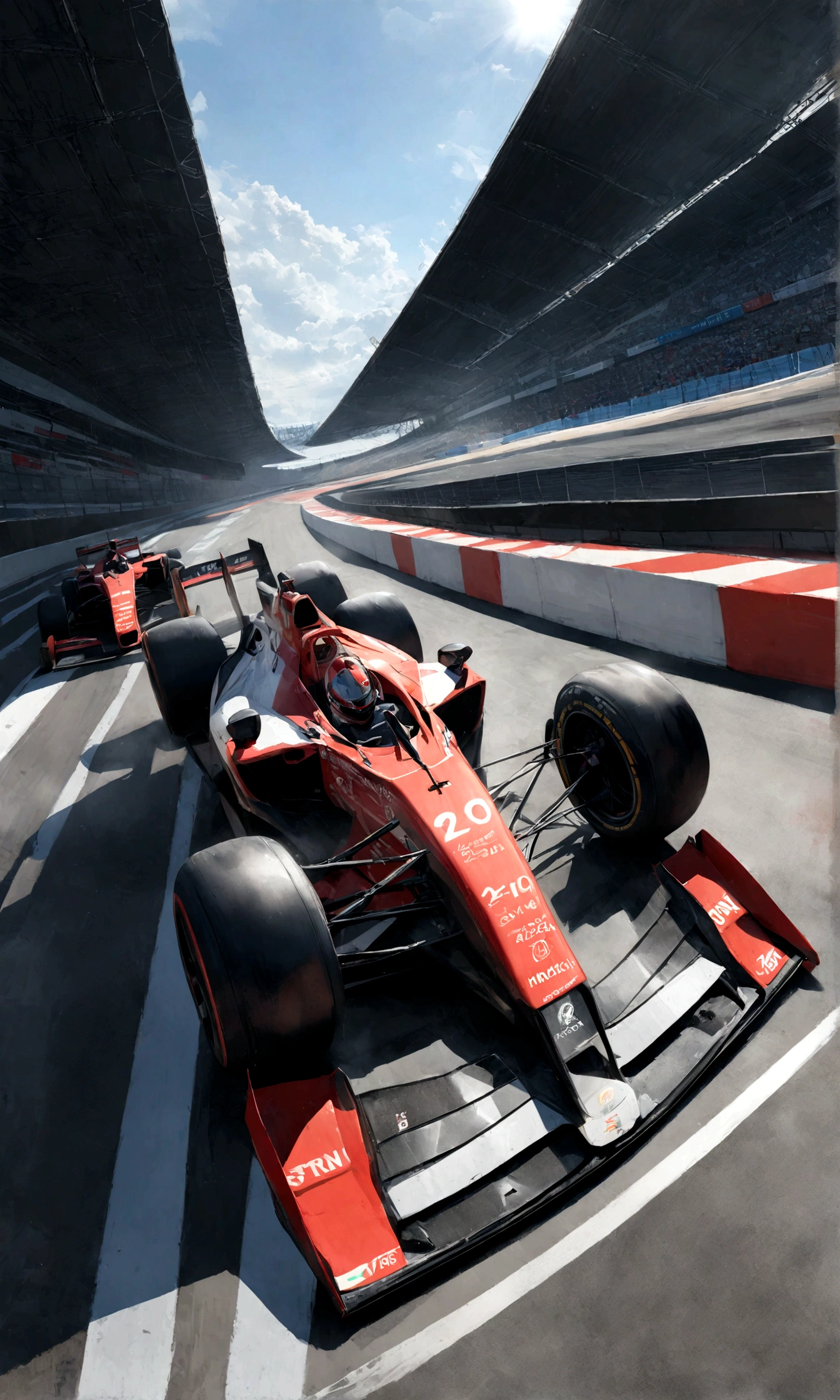 (Fast-paced F1 race,High-speed racing,Exciting race,Crowded F1 track),Bright colors,Clear focus,Extremely detailed cars,Exciting times,Ultra-detailed track(Lightning-speed turns and straights,Complex track layout),Spectacular crashes and near misses,Wheel-to-wheel battle,Adrenaline-fuelled competition,fast and Furious,Professional driver,Bent tire(masterpiece:1.2),Carbon fiber chassis,driver wearing helmet,F1 Champion Portrait,Motion Blur,Unpredictable weather conditions,Traveling in the rain and fog,Engine noise and the roar of the crowd,The stands were packed with cheering fans,Celebration on the podium,Spray champagne,Super detailed pit stop,High-tech telemetry data,Realistic rendering(Studio Lighting,Physically Based Rendering),Game overview(Trackside view,Overhead shot,Driver perspective),Racing at iconic locations (Monaco,Monza,Silverstone Circuit),The car speeds past the camera,High-resolution photos of the event,Fast-paced editing and dynamic composition,Fantastic concept art of a futuristic F1 car,Close-up of the driver's eyes,Adrenaline rushing through your veins,Long straights and sharp bends,High-octane fuel flows through the veins of your car,Easy speed,Mechanical precision,Thrilling overtaking,Exquisite aerodynamic design,Mechanic working in repair station,The victorious champion crosses the finish line.