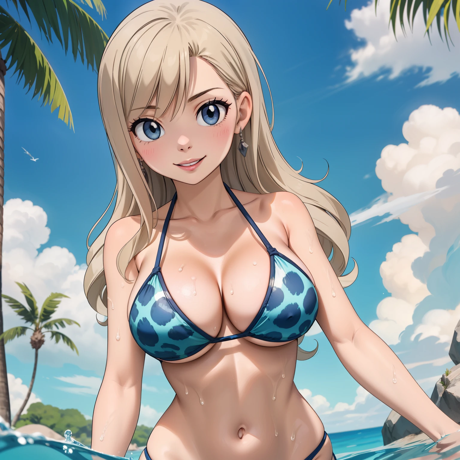 Rebecca Bluegarden, Female 27 years old, cabello rubio ceniza, ojos azules,sonrisa, light blue leopard print bikini, gotas de agua en su pecho, fondo un balneario. sunny day. cuerpo completo. rubia, pelo rubio ceniza.
