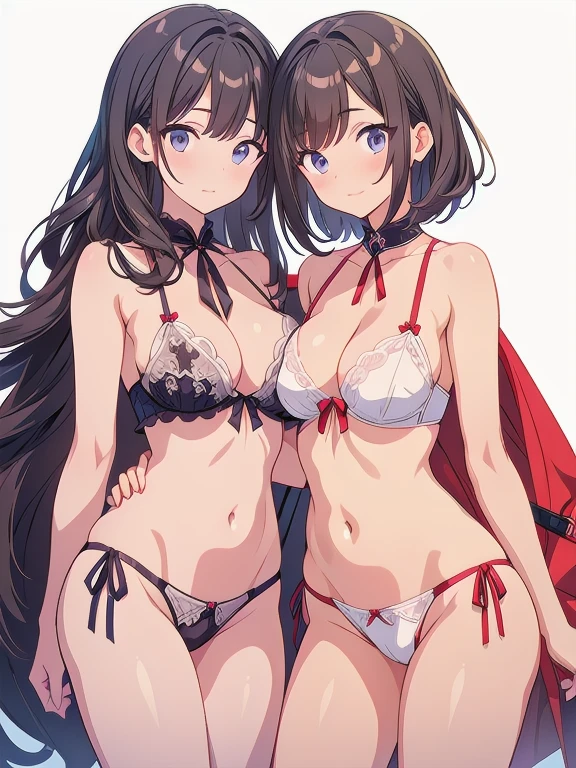 ((Masterpiece, best quality)), white background, smug, lingerie, 2girls, yuri, lesbian, small breasts, huge breasts, seductive pose, cowboy shot,