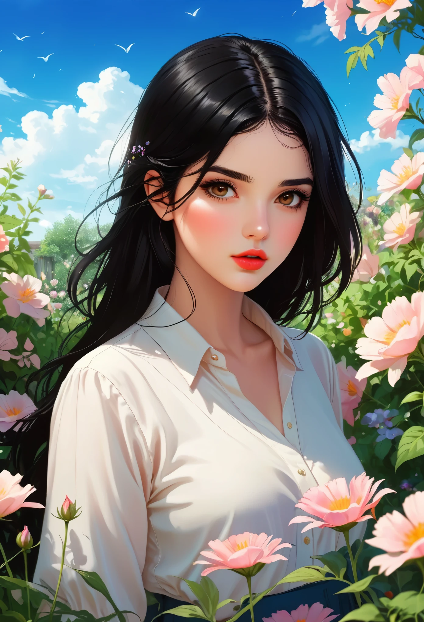 Practical, 1 Girl, black hair, Dark brown eyes, Bright Eyes, Cracked lips, blush, Lovely, garden, sky, Flowers.