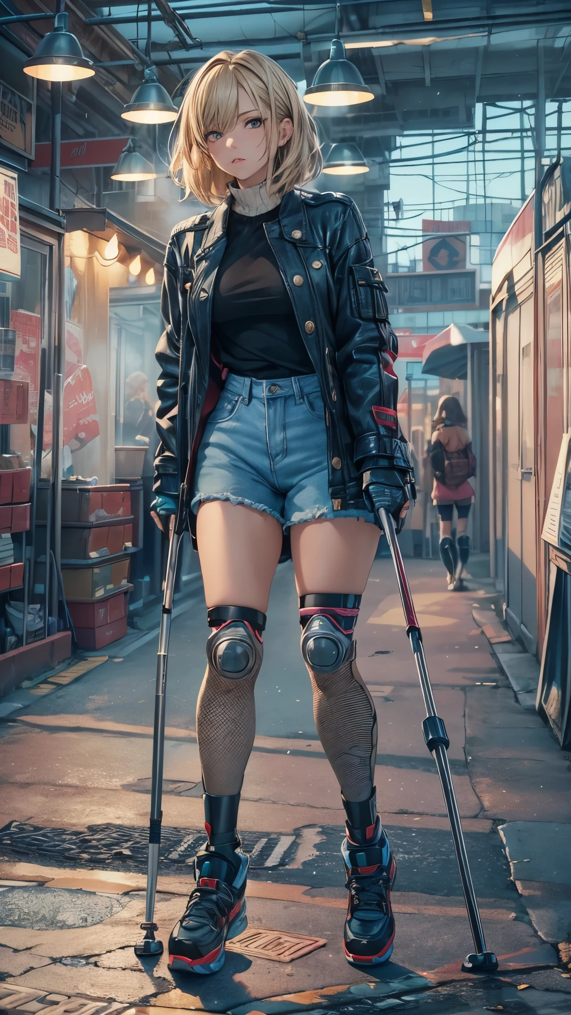 (Super detailed, realistic), streets scene, [Moderately:Oil], [Professional:1.1], [Physically based rendering], [bright colors], [sharp focus], [studio lighting], [extreme details], [highest quality,4k,8K,High resolution,masterpiece:1.2],(detailed face),outside the streets,((One 18-year-old woman)),(short blonde hair mixed  blue color),(dark),(painful),(disgusting),[nervous eyes],(casual ladies fashion,off shoulder,denim shorts,fishnet pantyhose,socks,snikers),(gloves,knee pads),((she walks on crutches,the crutches’s length are from armpit,the crutches are putting on her side)),((her legs are inner side)).