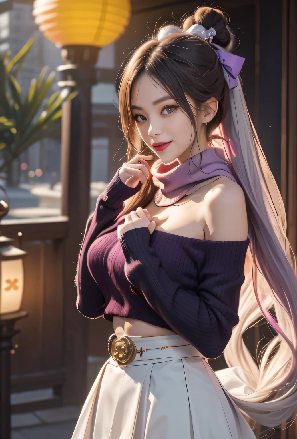 (Realistic style:0.9), masterpiece, best quality, absurd, looking at the audience, Solitary, Guest Secretary (Lantern Festival) (Genshin Impact), Guest Secretary (Genshin Impact), Hair Bun, skirt, scarf, purple sweater, white skirt, Purple Hair, sweater, Double tail, Purple Eyes, Diamond-shaped pupil, Hair accessories, Bare shoulders, Smile, breast, cone Hair Bun, long hair, belt, twice as good, Long sleeve, Bangs, bow, Flowering, hair bow,Ribbon, hair Ribbon, Weaving, lattice scarf, lattice, Off-shoulder