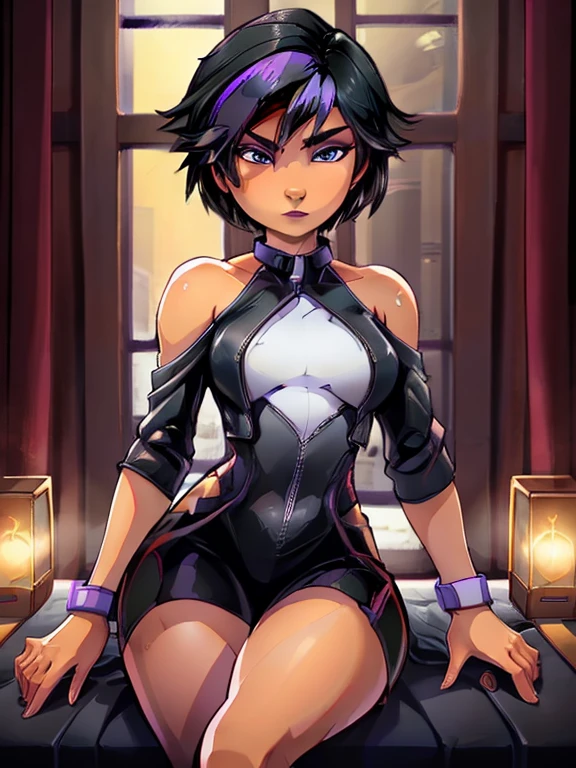 Gogo Tomago a girl with a black jacket and purple hair, (full body) ,(masterpiece, best quality), 8k,masterpiece, beautiful detailed eyes, ultra realistic details, sharp focus, looking at viewer, detailed skin,on back, (a young girl, solo) , detailed beautiful face, detailed perfect skin), (beautiful detailed eyes), extremely detailed, high res, best quality, 1girl, bare shoulders, best quality, jewelry, bedroom, looking at viewer, solo, bokeh, professional light, detailed skin, medium breasts