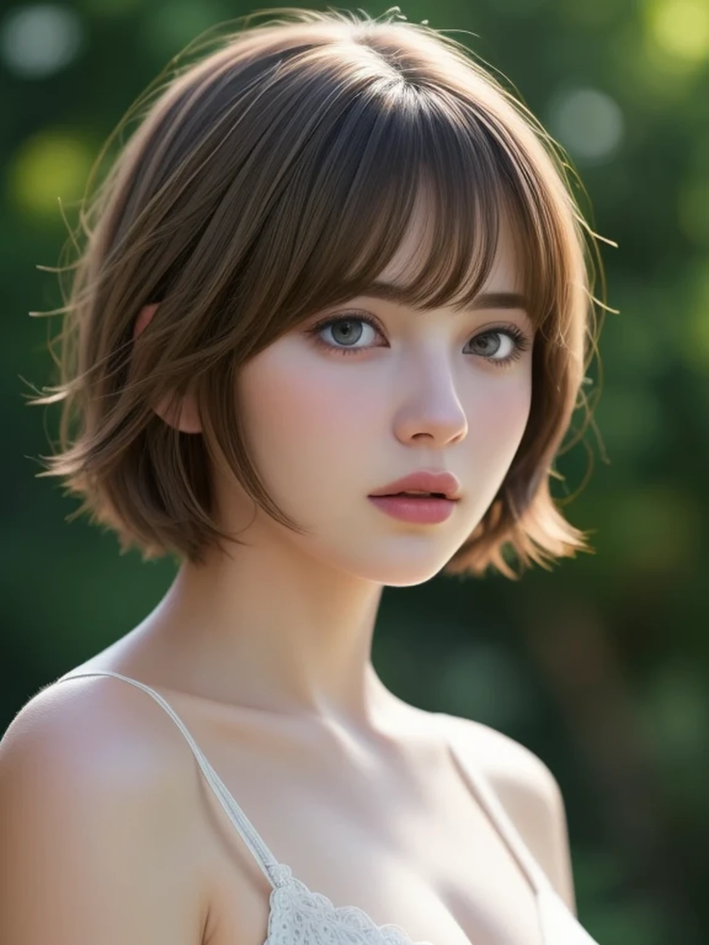 (looking away:1.4), (upper body shot:1.2), Realistic digital painting of a woman portrait, Shy,  Cute, open mouth to say something, sad, blue eyes,  (short hair:1.1), (light brown brunette hair:1.3), (Highly detailed skin:1.2), Mystical style, Global Illumination,