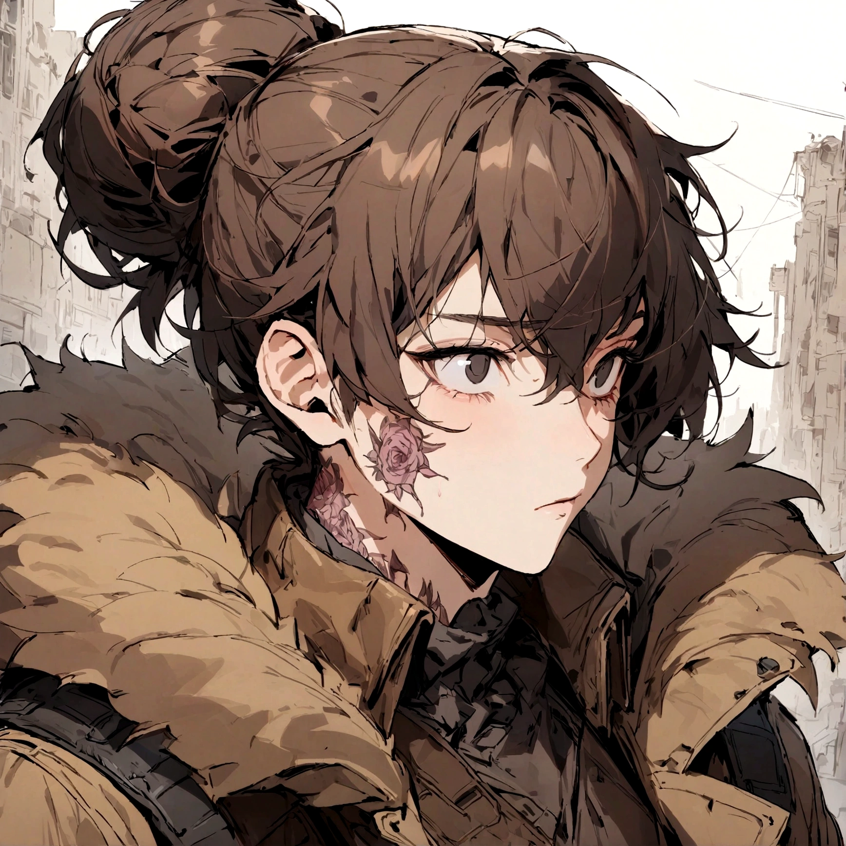 (masterpiece), best quality, expressive eyes, perfect face, Male, maroon messy hair-bun, black eyes, neck roses tattoo, brown leather fur lined duster coat, Flecktarn tactical vest, black pants. Brown coat, Dark brown coat, leather coat, cool, post apocalyptic soldier, brown coat, Flecktarn camouflage vest, upper body, dark brown leather coat, solo, fur lined coat, overcoat, leather overcoat, portrait