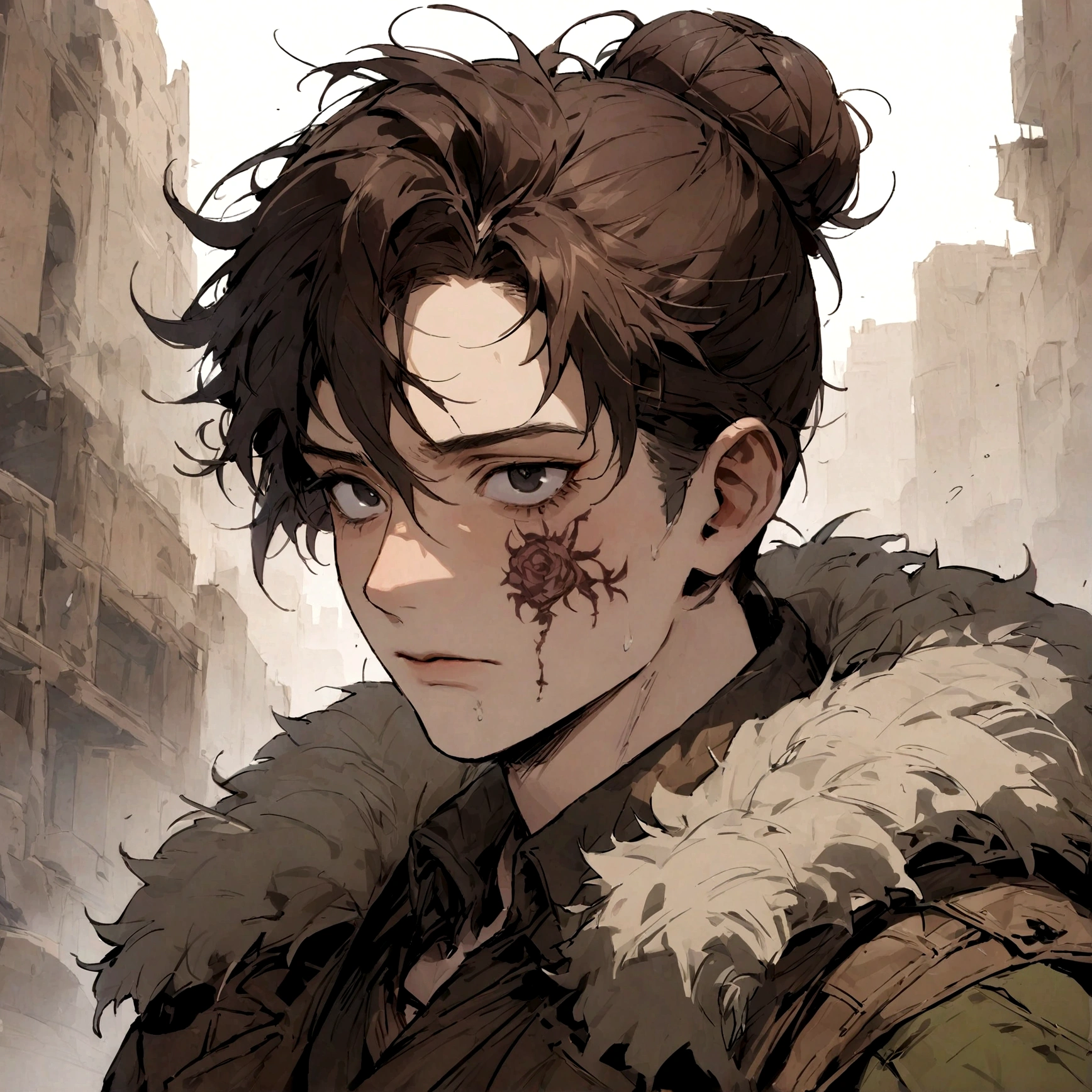 (masterpiece), best quality, expressive eyes, perfect face, Male, maroon messy hair-bun, black eyes, neck roses tattoo, brown leather fur lined duster coat, Flecktarn tactical vest, black pants. Brown coat, Dark brown coat, leather coat, cool, post apocalyptic soldier, brown coat, Flecktarn camouflage vest, upper body, dark brown leather coat, solo, fur lined coat, overcoat, leather overcoat, portrait
