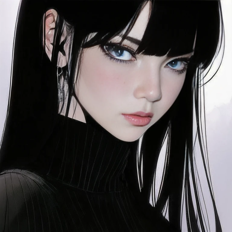 anime girl with long black hair and blue eyes staring at the camera, she has black hair with bangs, 1 7 - year - old anime goth girl, sui ishida with black hair, black hair and large eyes, full lips, girl with black hair, she has black hair, raven black hair, beautiful anime portrait, in the art style of bowater, black hime cut hair