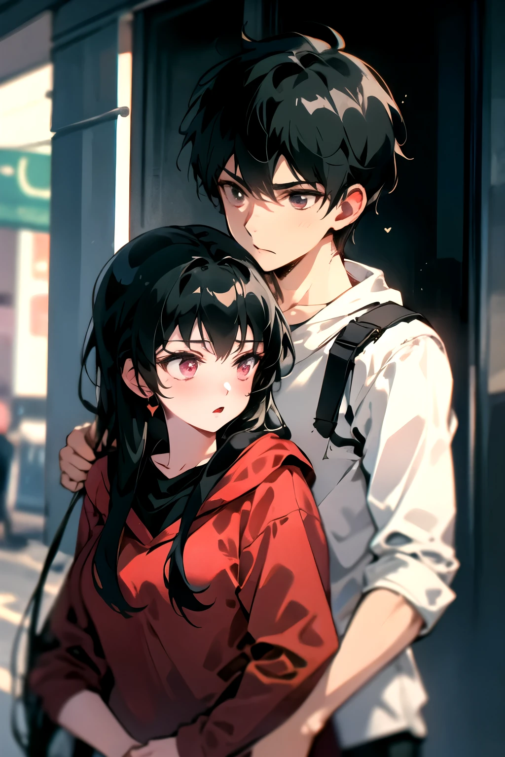 ((best quality)), ((masterpiece)), (detailed), Couple, Daily Wear, in love，Mature，Warmth，outdoor，Black Hair，Thin coating