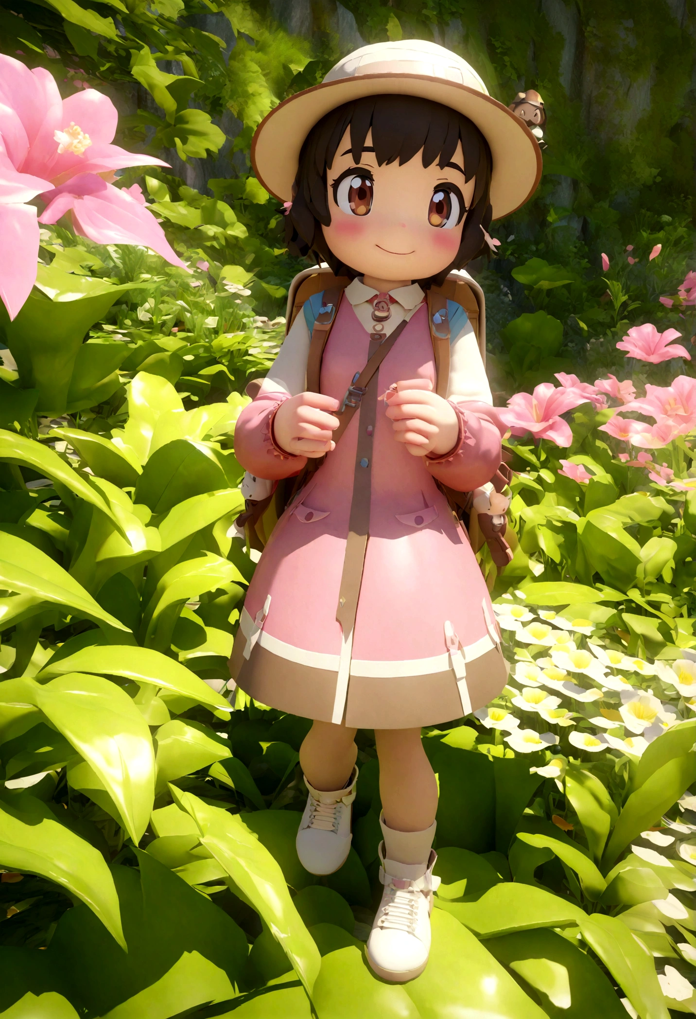 Character sheet of a cartoon character in a hat and backpack, female explorer mini cute girl, eating in the wilderness, flower jungle, animation style rendering, cute 3 D rendering, small characters. Unreal Engine 5, stylized anime, cute detailed digital art, Atey Ghailan 8 K, stylized 3D rendering, adventure surreal rendering, anime style 3D, 3D rendering stylized, multiple poses,